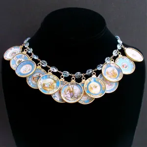 Blue Topaz Miniature Plates Charm Necklace - China Doll Aqua Blue Necklace