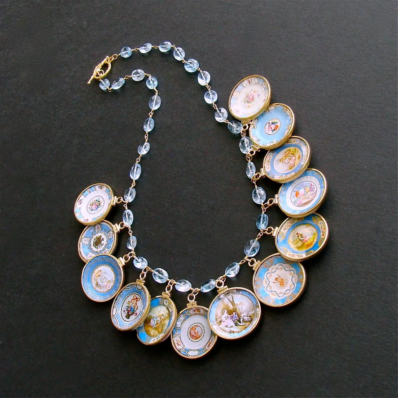 Blue Topaz Miniature Plates Charm Necklace - China Doll Aqua Blue Necklace