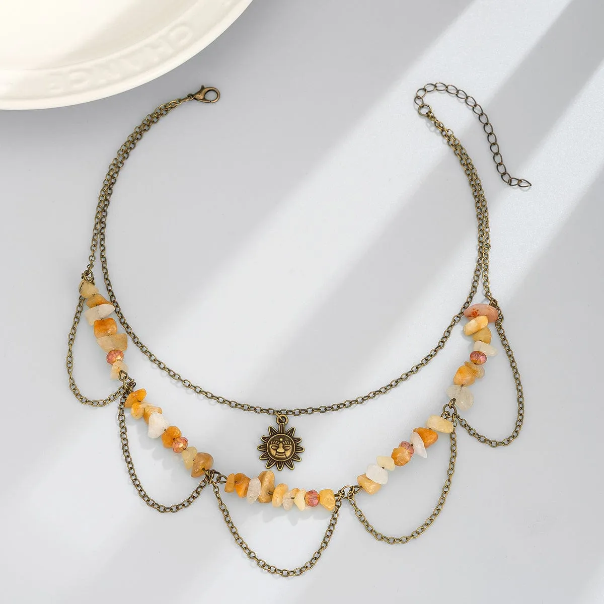 Bohemia Layered Sun Pendant Turquoise Stone Tassel Chain Necklace