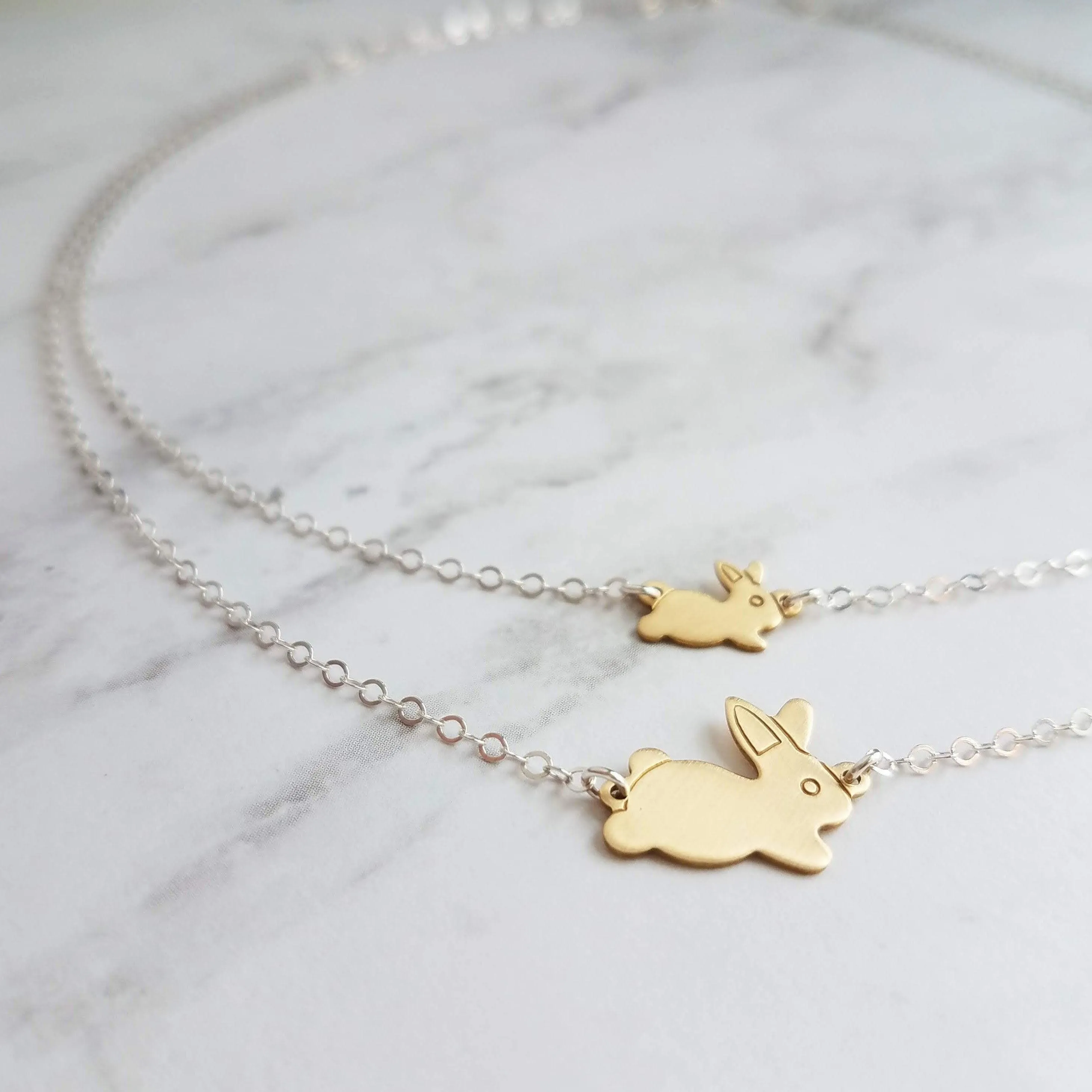 Bunny Rabbit Necklace, mama bunny necklace, baby bunny necklace, mother necklace, double chain, 2 chains, mom child necklace, gold/silver