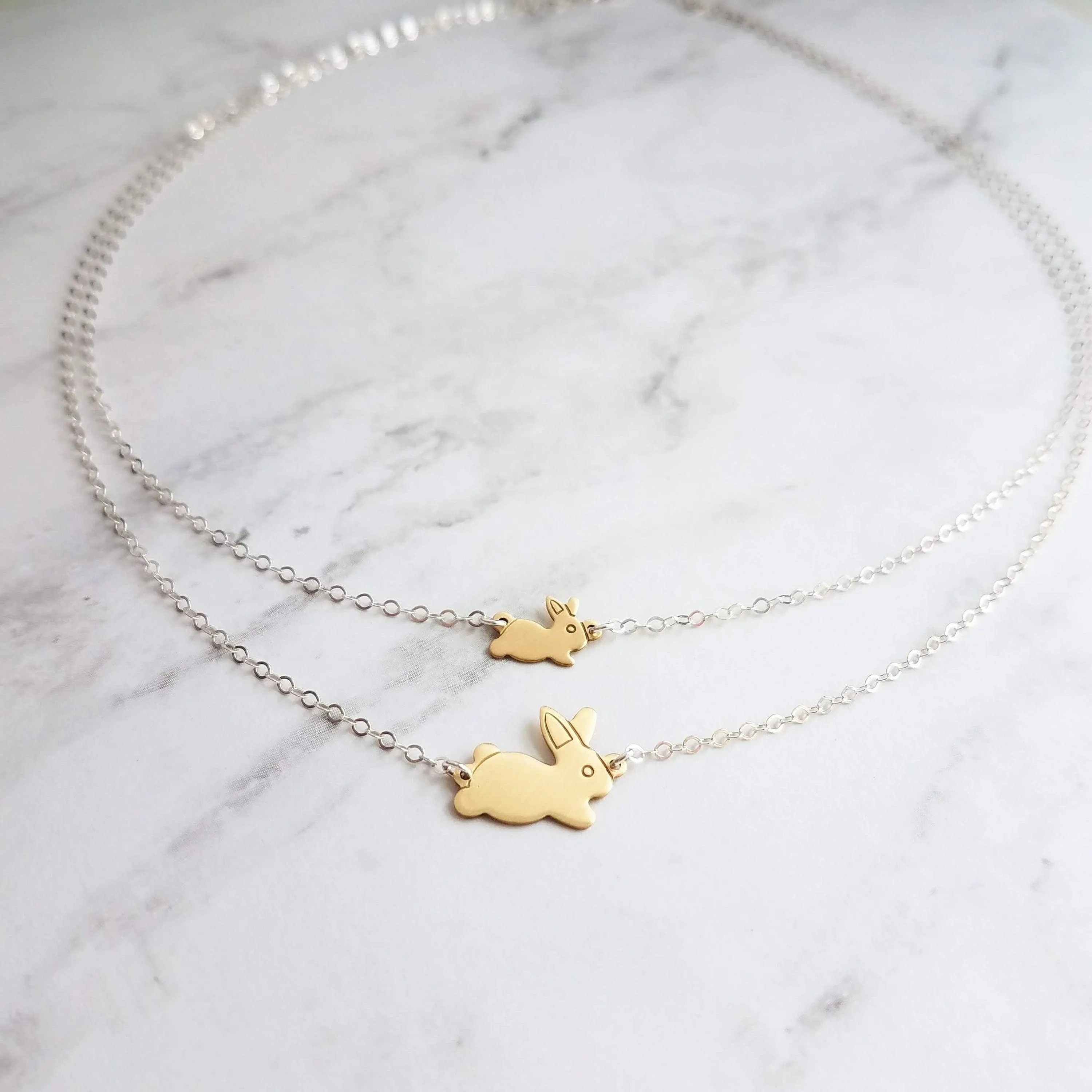Bunny Rabbit Necklace, mama bunny necklace, baby bunny necklace, mother necklace, double chain, 2 chains, mom child necklace, gold/silver