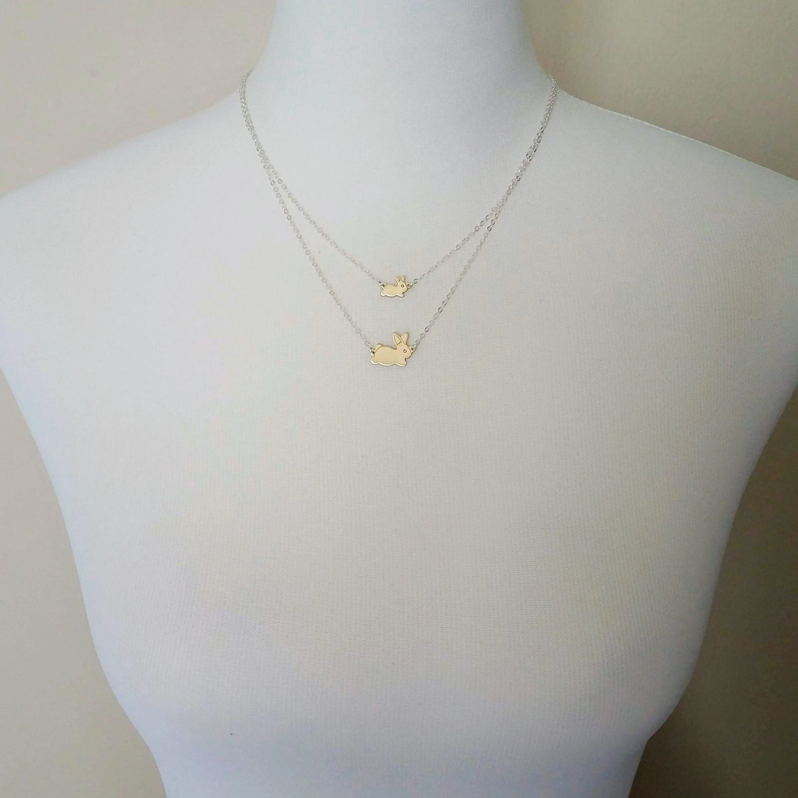 Bunny Rabbit Necklace, mama bunny necklace, baby bunny necklace, mother necklace, double chain, 2 chains, mom child necklace, gold/silver