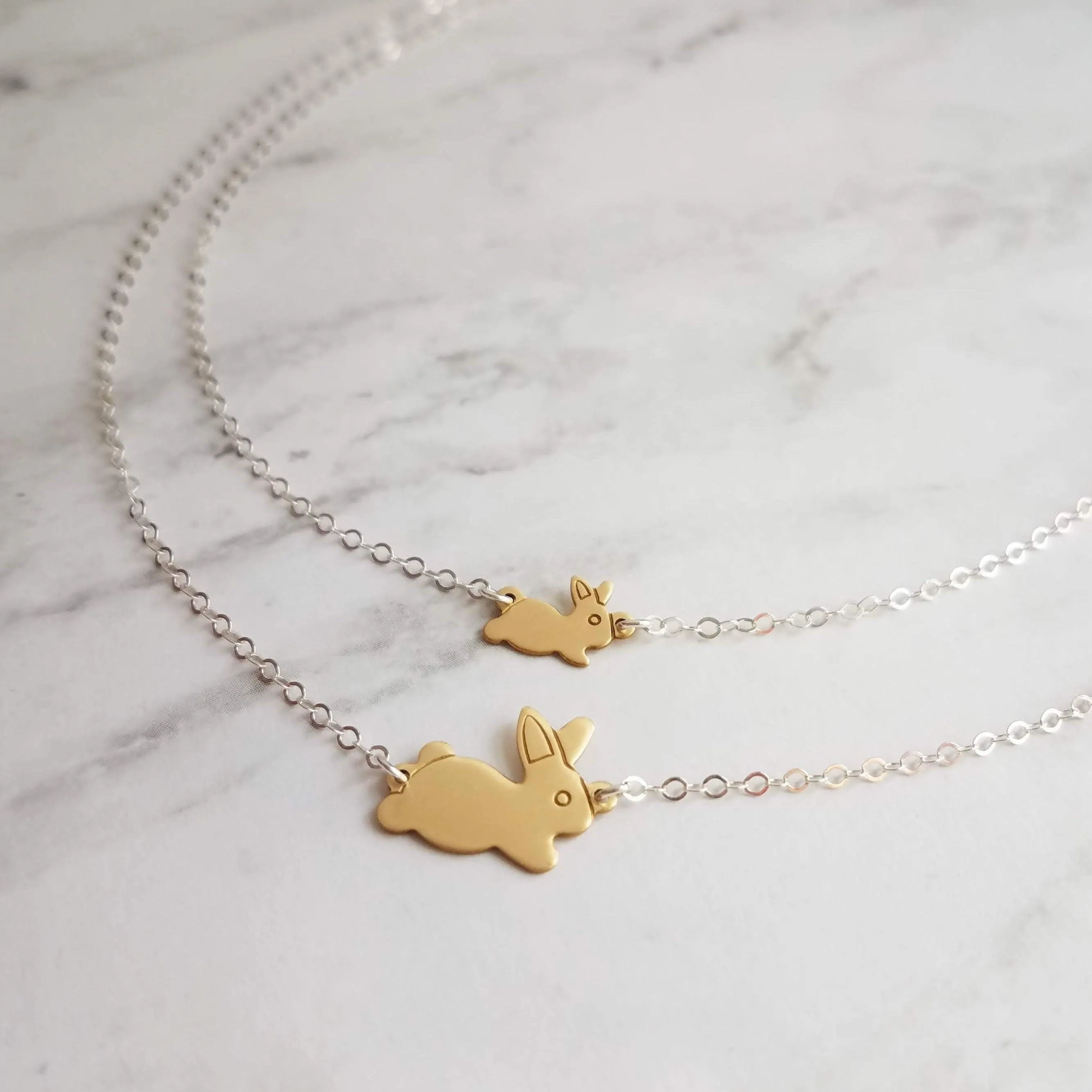 Bunny Rabbit Necklace, mama bunny necklace, baby bunny necklace, mother necklace, double chain, 2 chains, mom child necklace, gold/silver