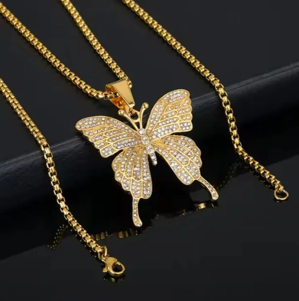Butterfly Pendant 24" Necklace with Zircon 18K Gold Plated Stainless Steel Jewelry