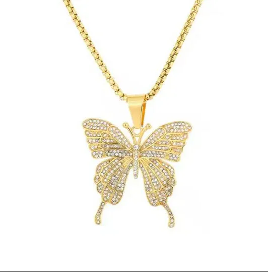 Butterfly Pendant 24" Necklace with Zircon 18K Gold Plated Stainless Steel Jewelry