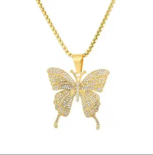 Butterfly Pendant 24" Necklace with Zircon 18K Gold Plated Stainless Steel Jewelry