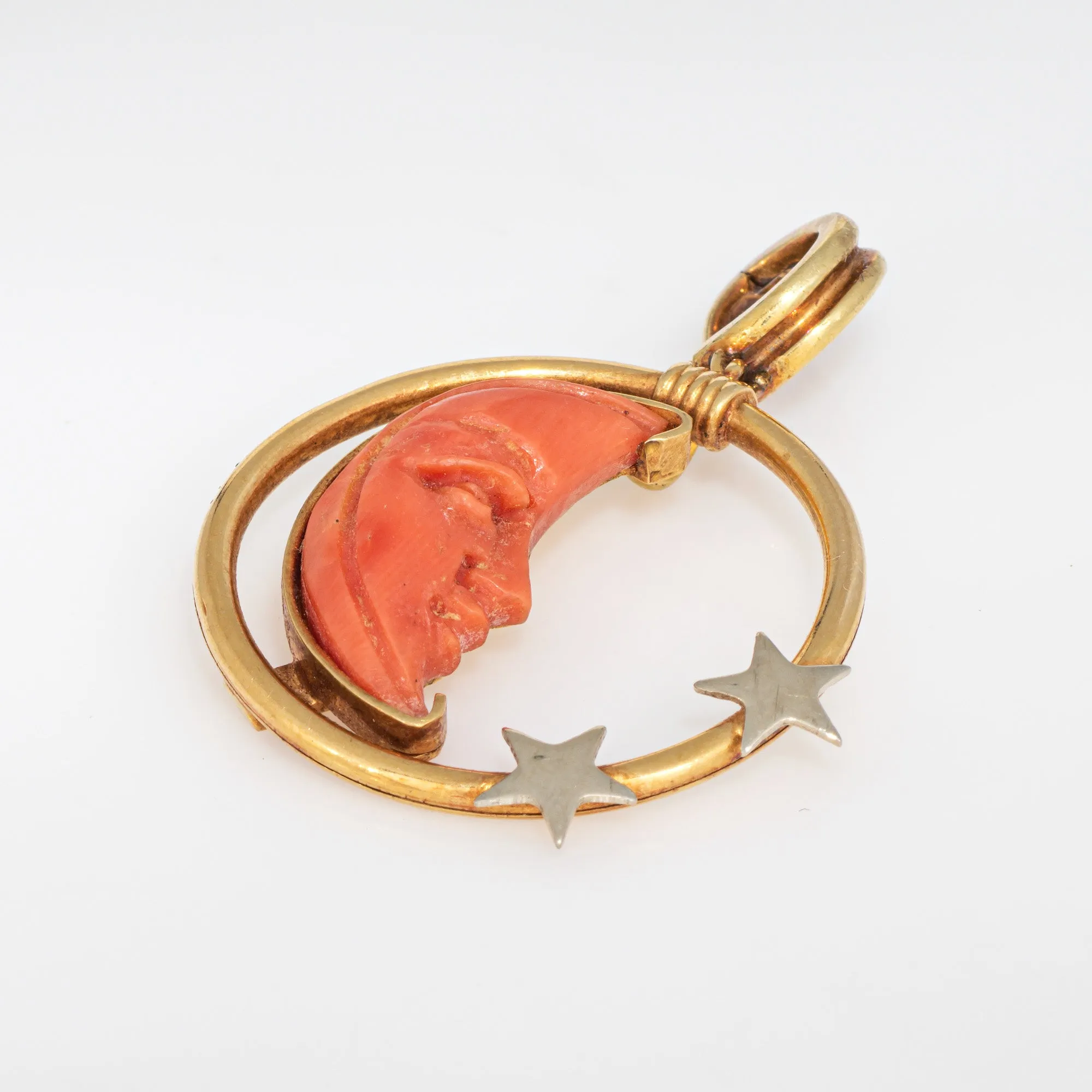 Carved Coral Pendant Man in the Moon Star Crescent 18k Gold Celestial Jewelry