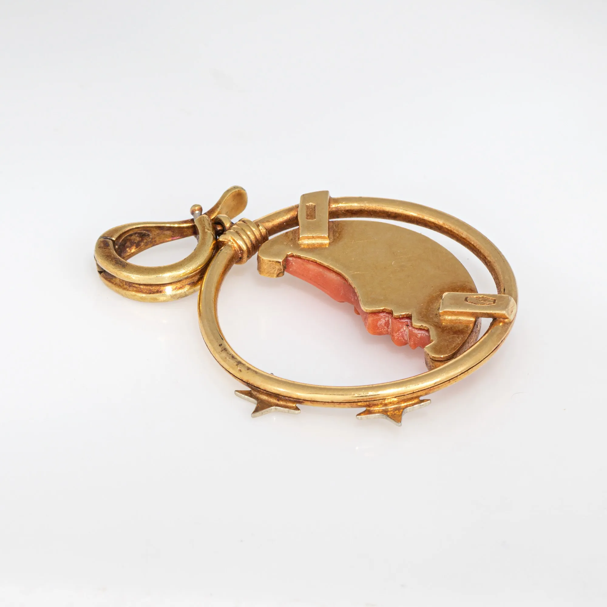 Carved Coral Pendant Man in the Moon Star Crescent 18k Gold Celestial Jewelry