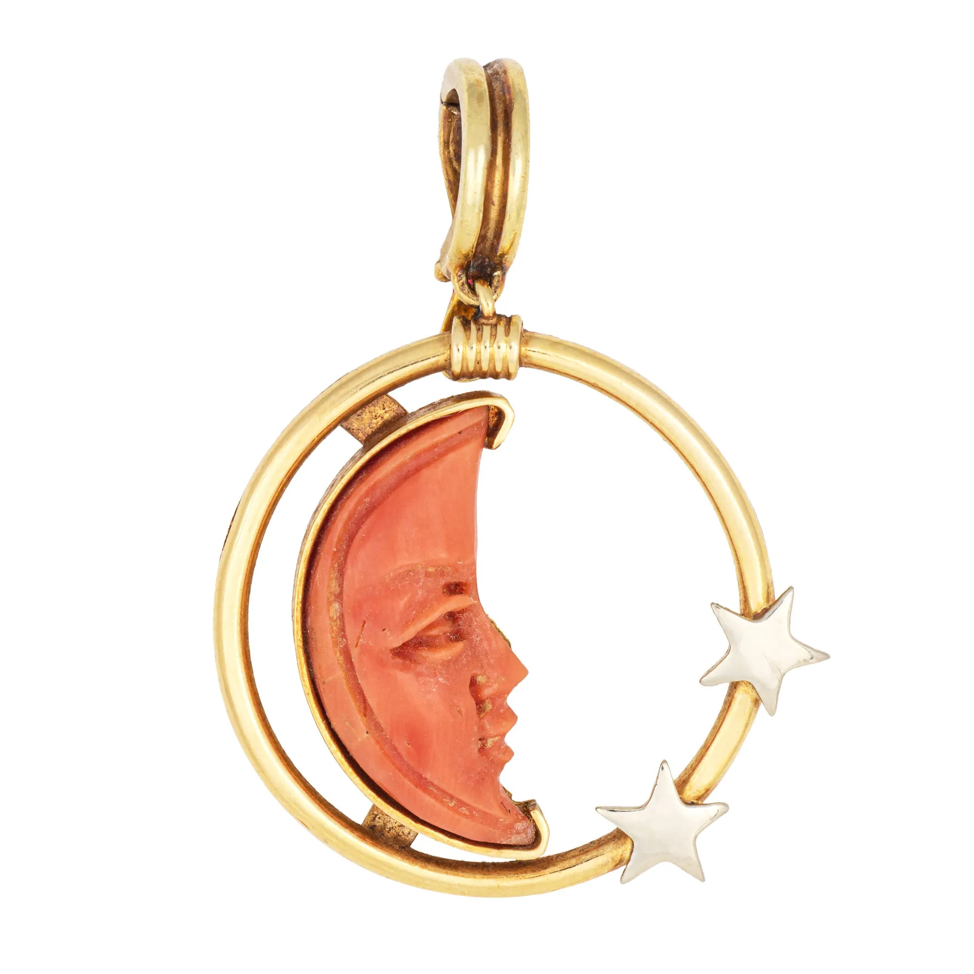 Carved Coral Pendant Man in the Moon Star Crescent 18k Gold Celestial Jewelry