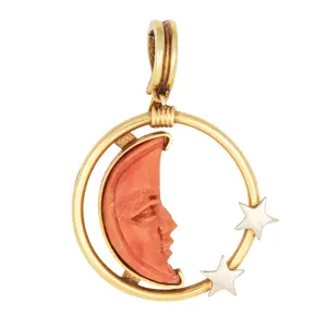 Carved Coral Pendant Man in the Moon Star Crescent 18k Gold Celestial Jewelry