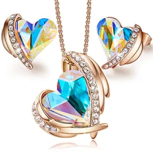 CDE Pink Angel 18K Rose Gold Jewelry Set Women Heart Pendant Necklaces and Stud Earrings Sets Embellished with Austrian Crystals Birthday Gift