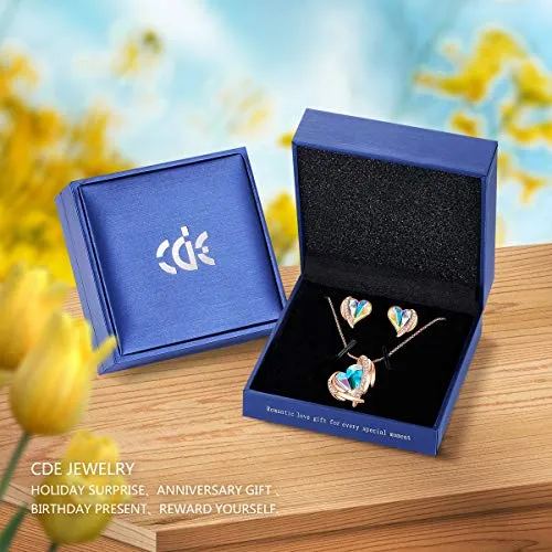 CDE Pink Angel 18K Rose Gold Jewelry Set Women Heart Pendant Necklaces and Stud Earrings Sets Embellished with Austrian Crystals Birthday Gift