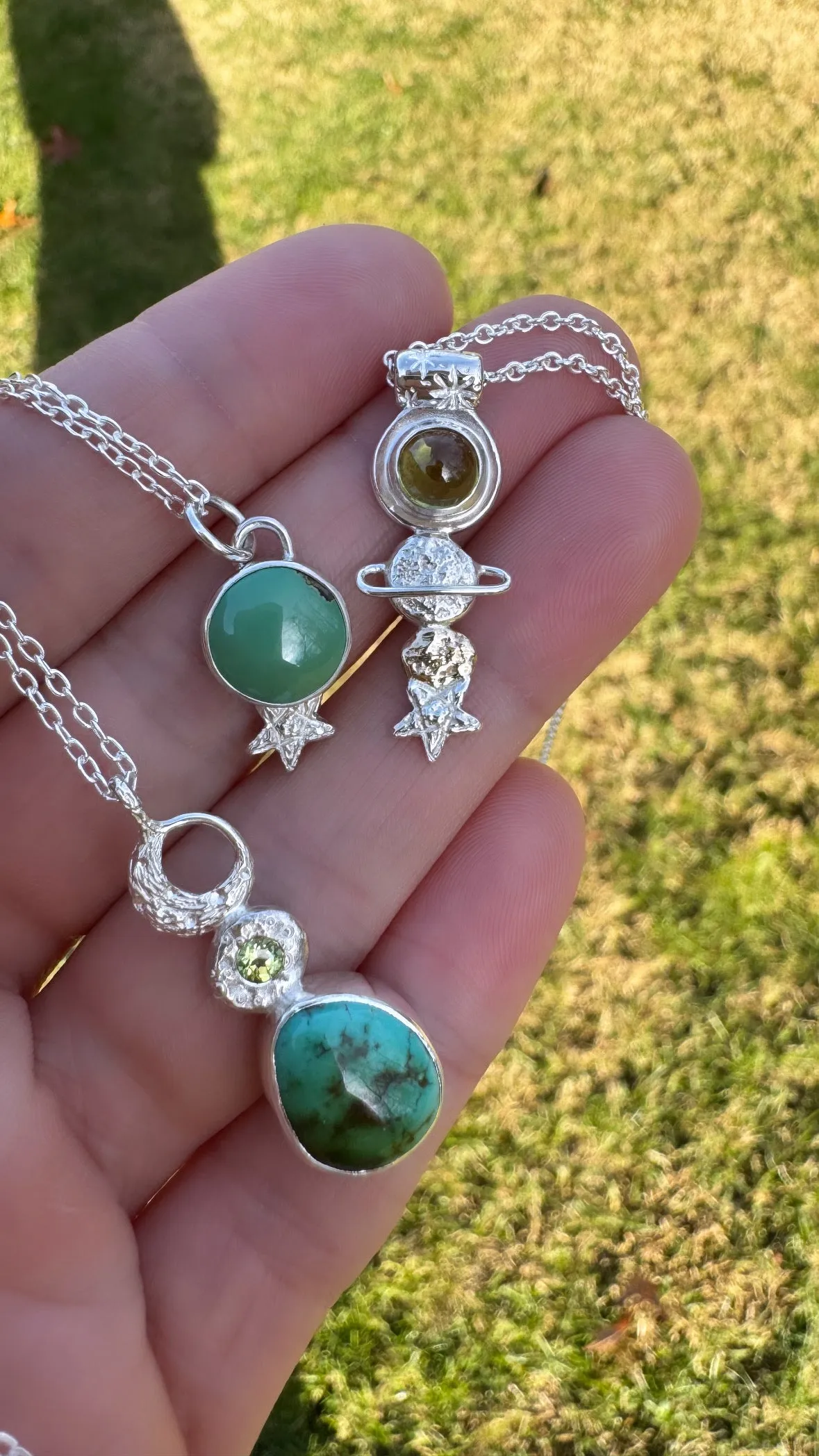 Celestial Royston Turquoise and Peridot Necklace in Silver OOAK