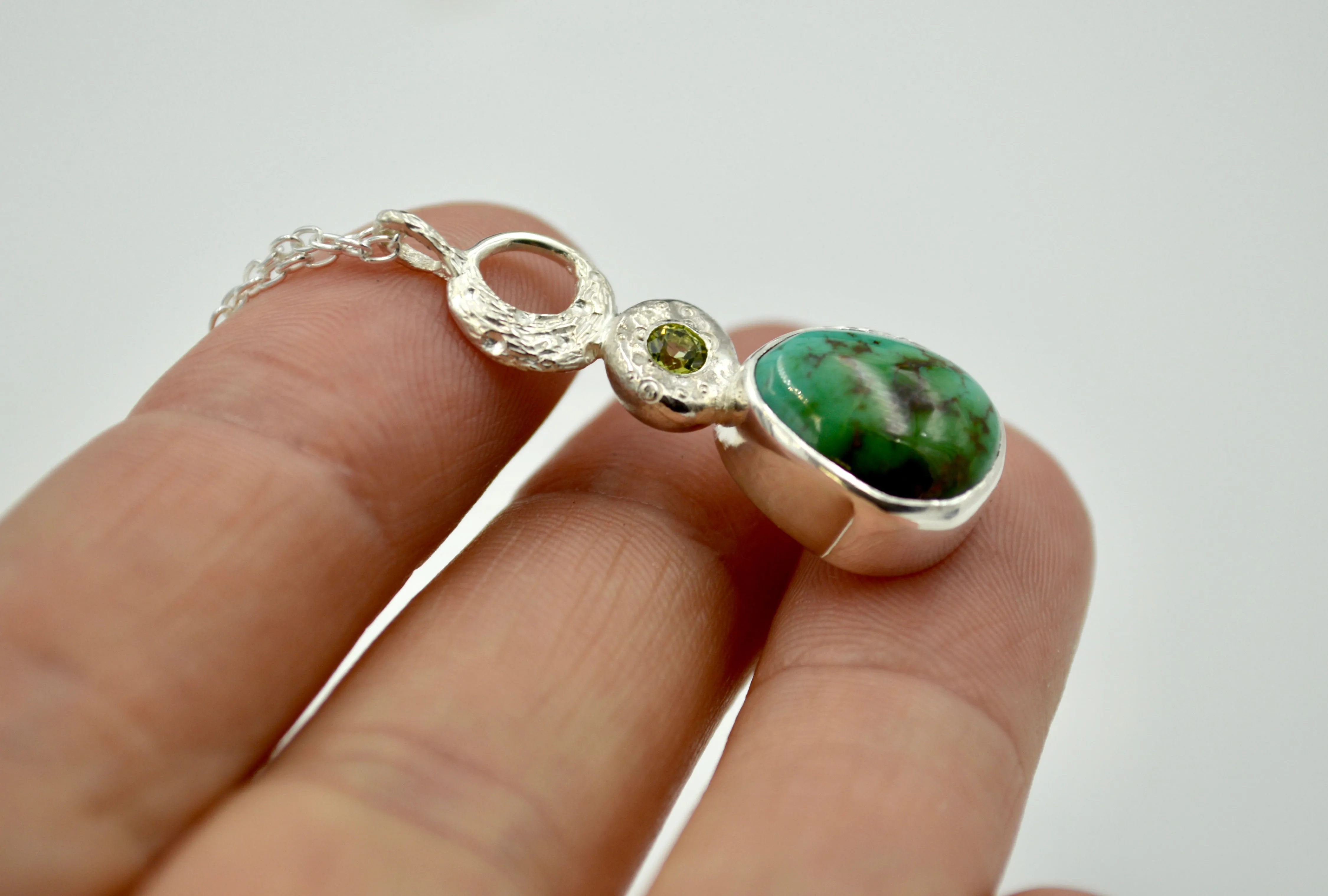 Celestial Royston Turquoise and Peridot Necklace in Silver OOAK