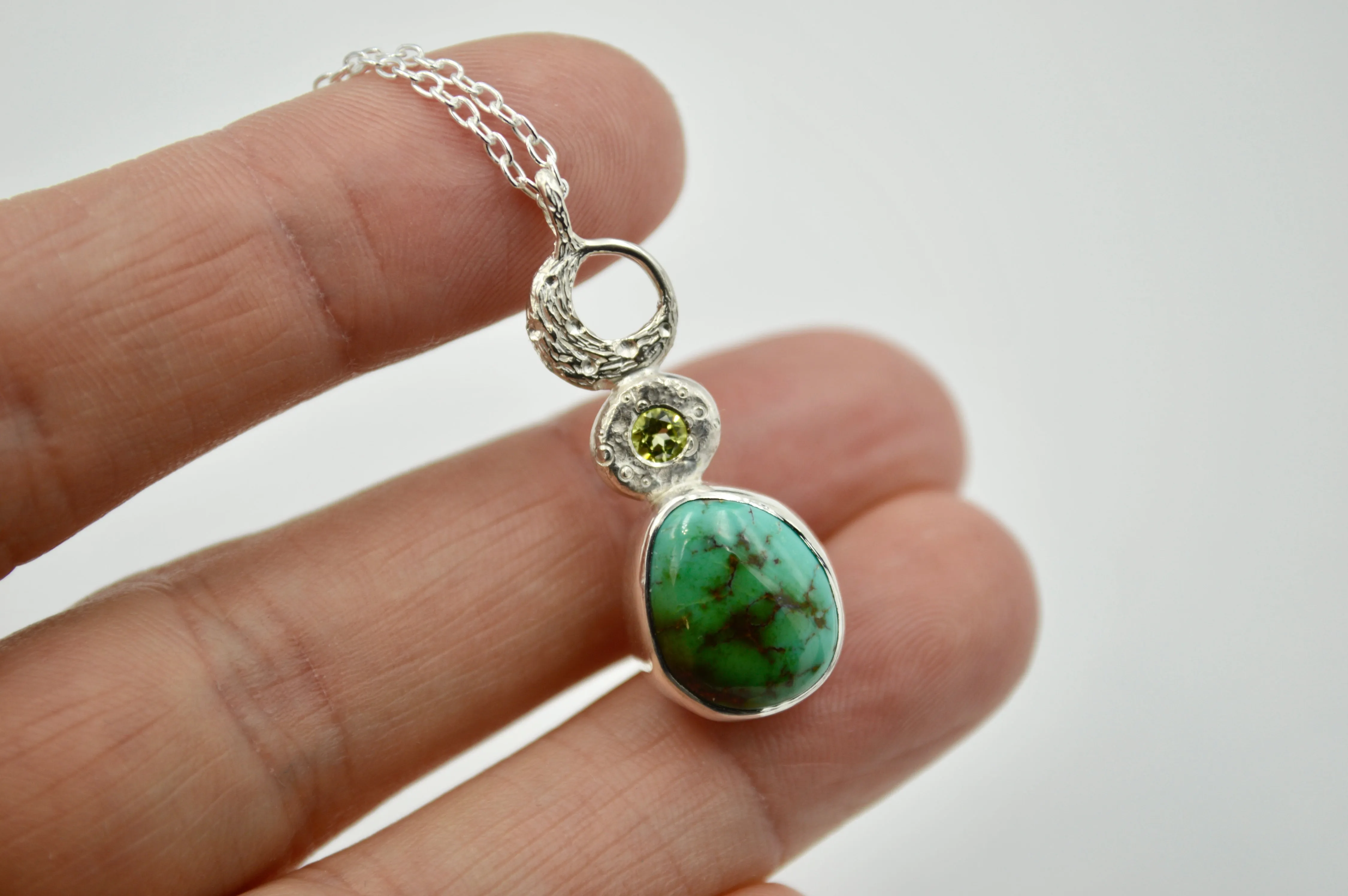 Celestial Royston Turquoise and Peridot Necklace in Silver OOAK