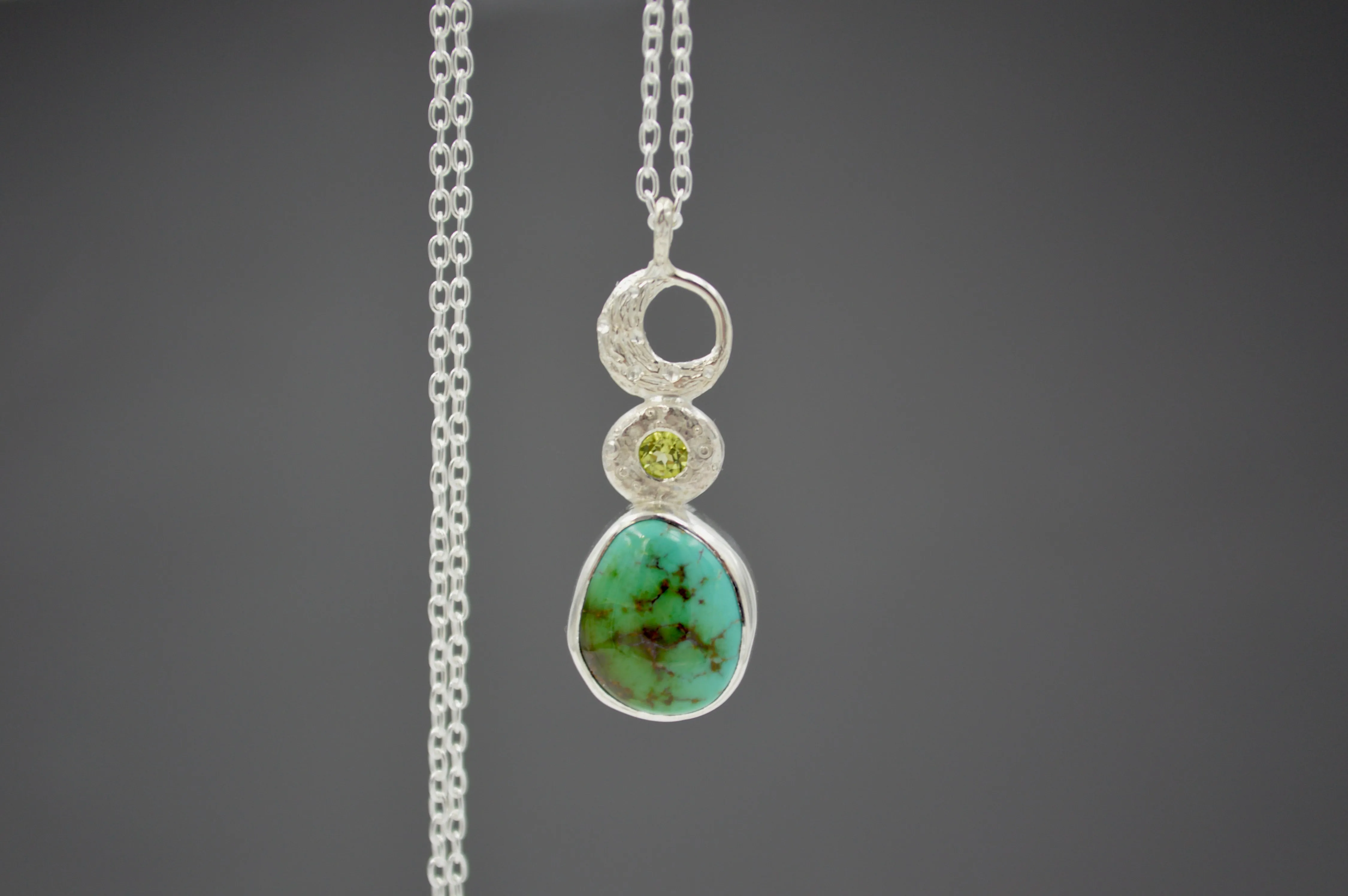 Celestial Royston Turquoise and Peridot Necklace in Silver OOAK