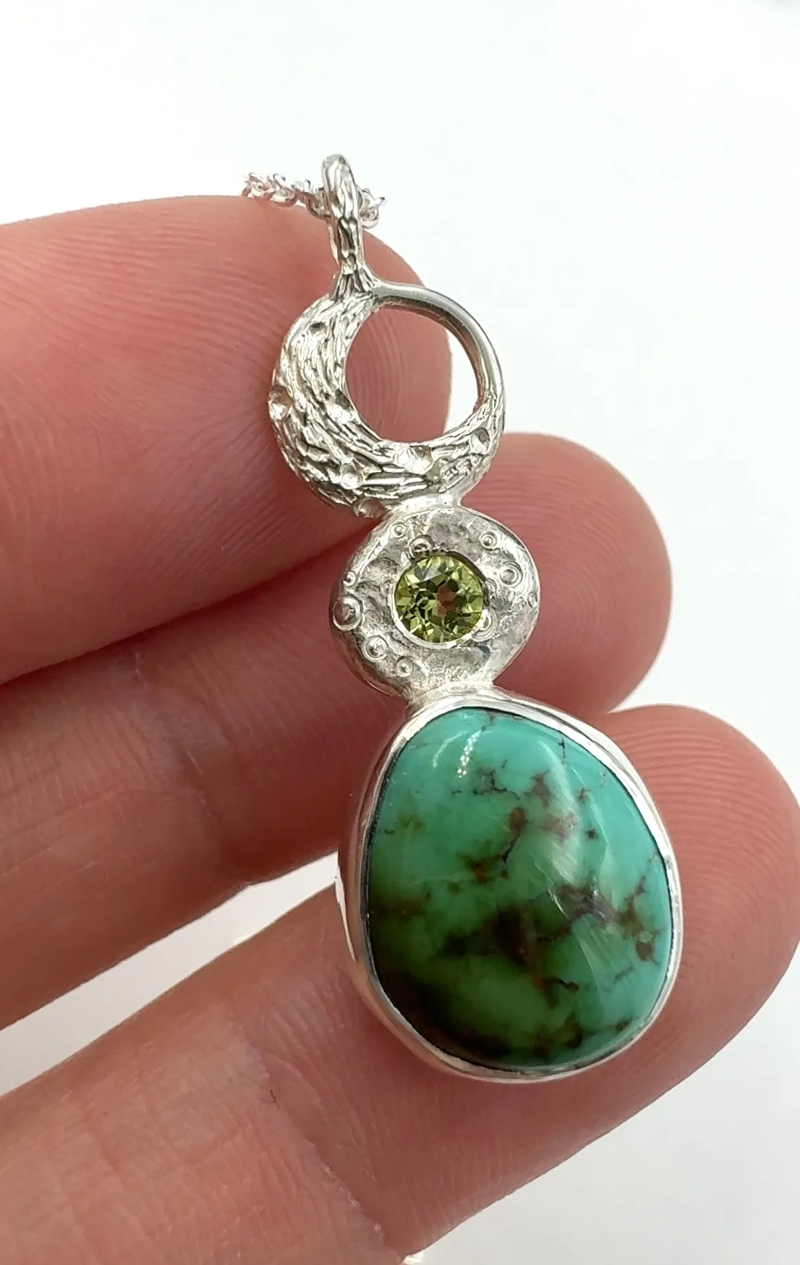 Celestial Royston Turquoise and Peridot Necklace in Silver OOAK
