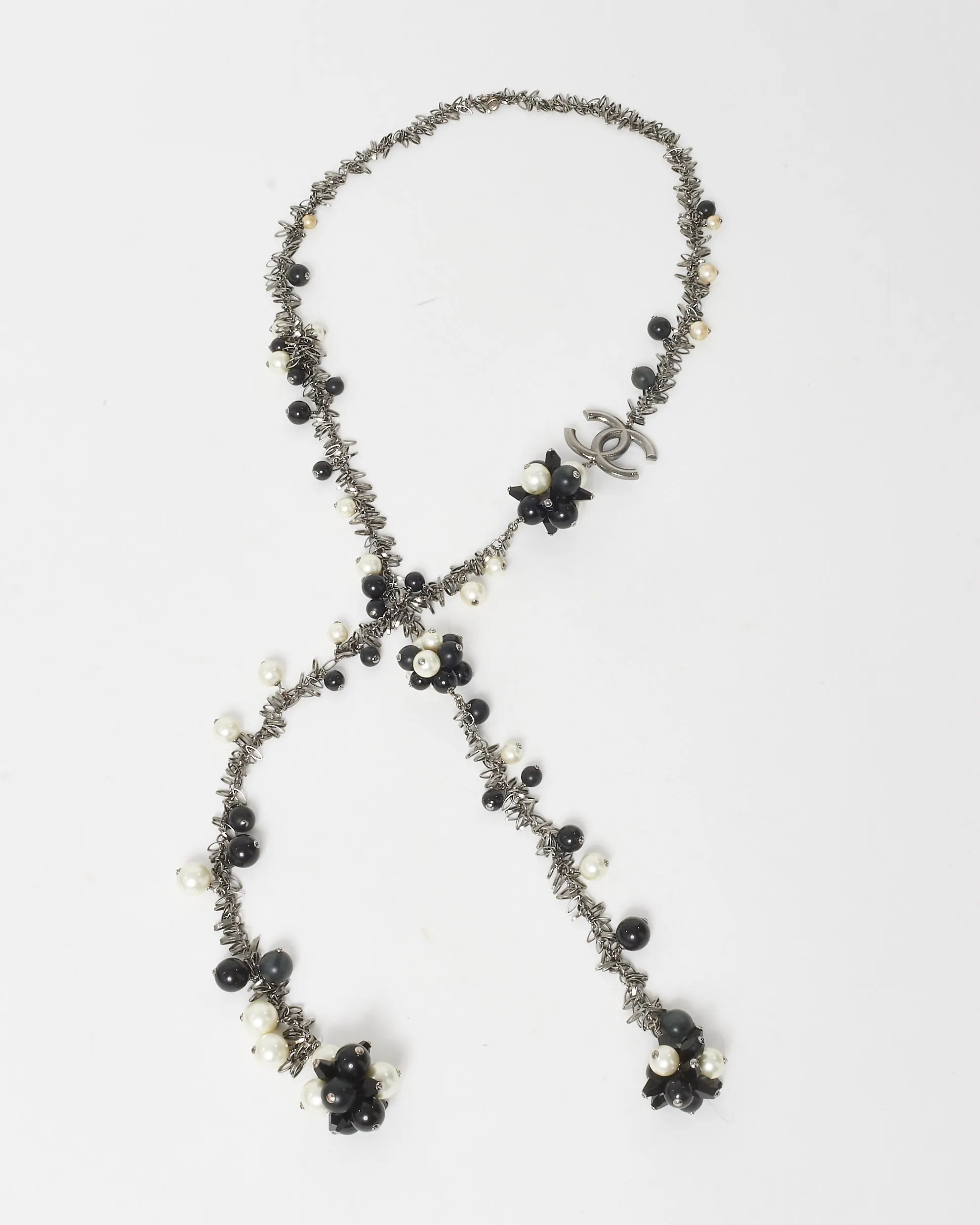 Chanel Black & White Faux Pearl Silver-Toned Chain Flower CC Logo Long Necklace