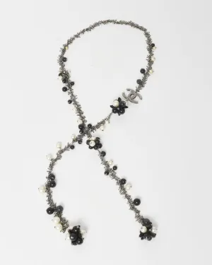 Chanel Black & White Faux Pearl Silver-Toned Chain Flower CC Logo Long Necklace