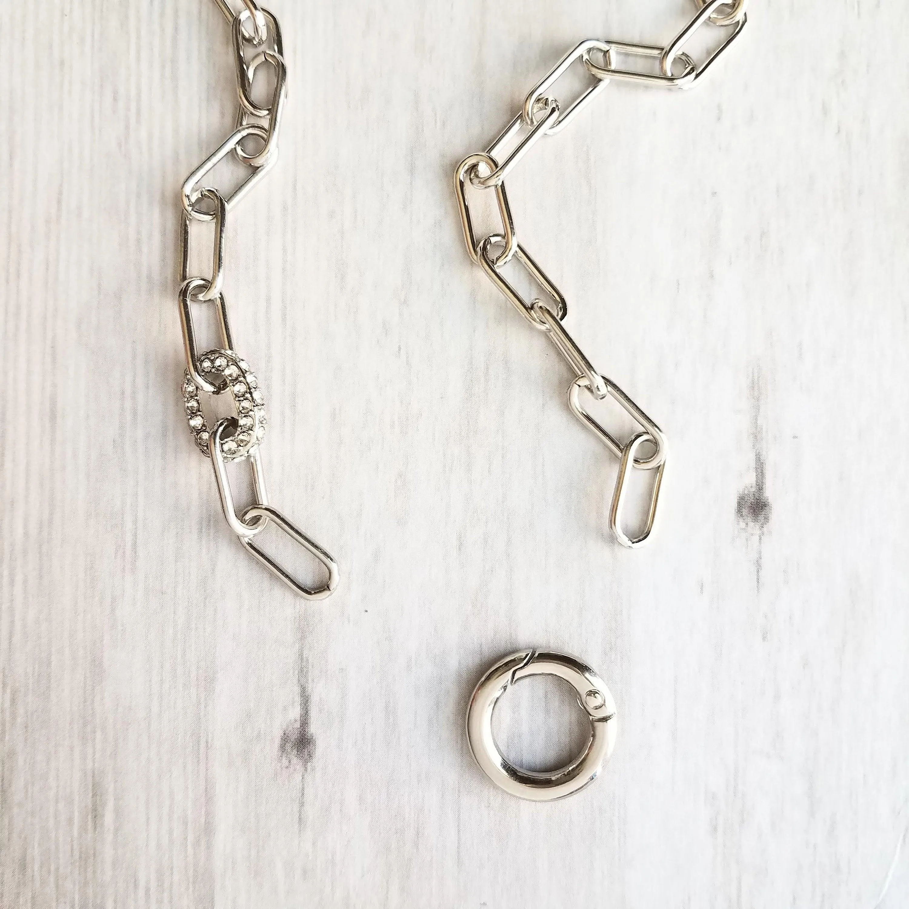 Chunky Paperclip Chain Necklace, silver paperclip necklace, large oval chain, thick crystal link, round front clasp necklace, padlock charm