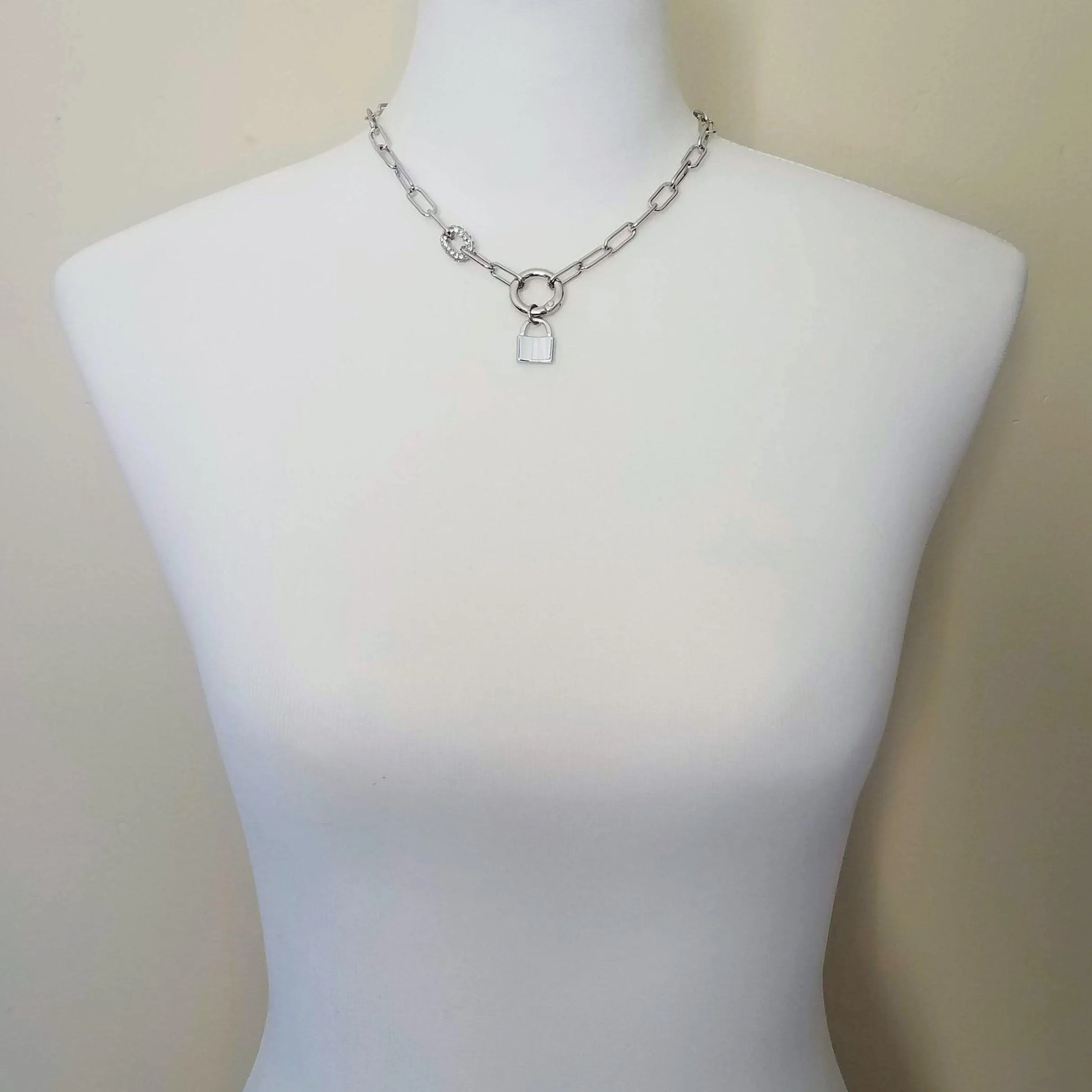 Chunky Paperclip Chain Necklace, silver paperclip necklace, large oval chain, thick crystal link, round front clasp necklace, padlock charm