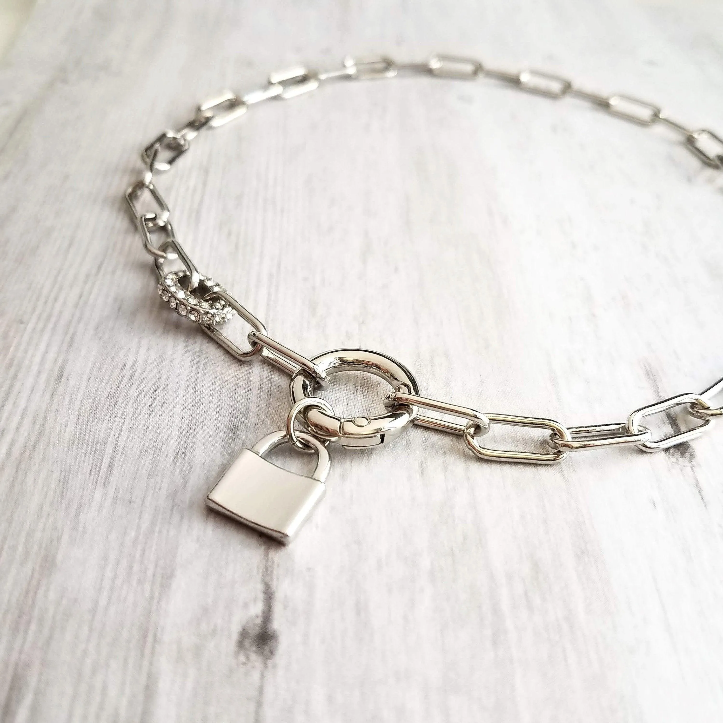 Chunky Paperclip Chain Necklace, silver paperclip necklace, large oval chain, thick crystal link, round front clasp necklace, padlock charm