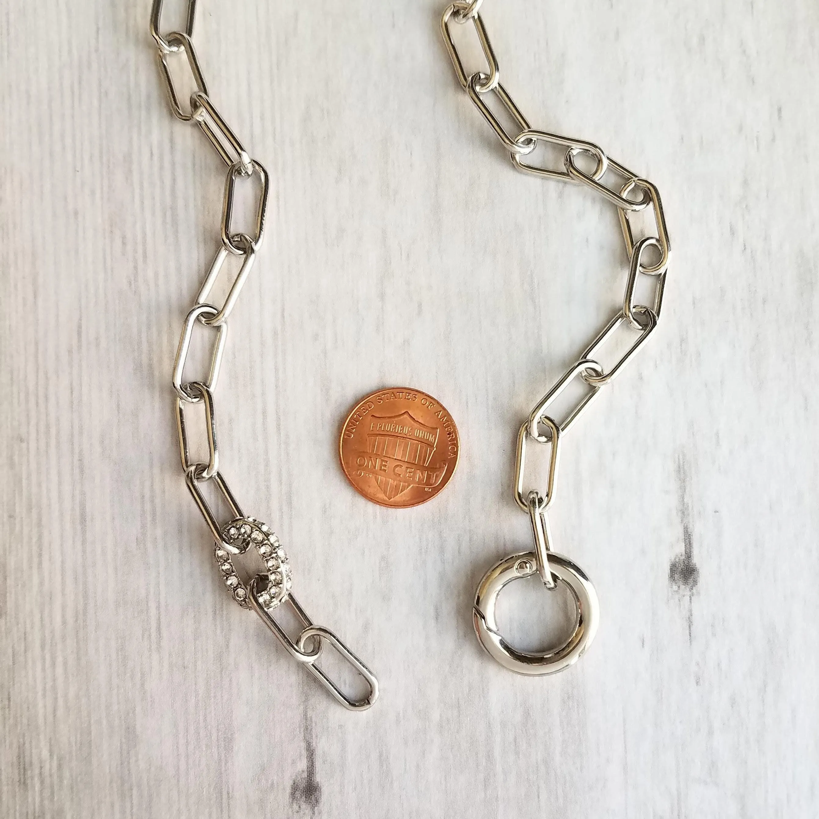 Chunky Paperclip Chain Necklace, silver paperclip necklace, large oval chain, thick crystal link, round front clasp necklace, padlock charm