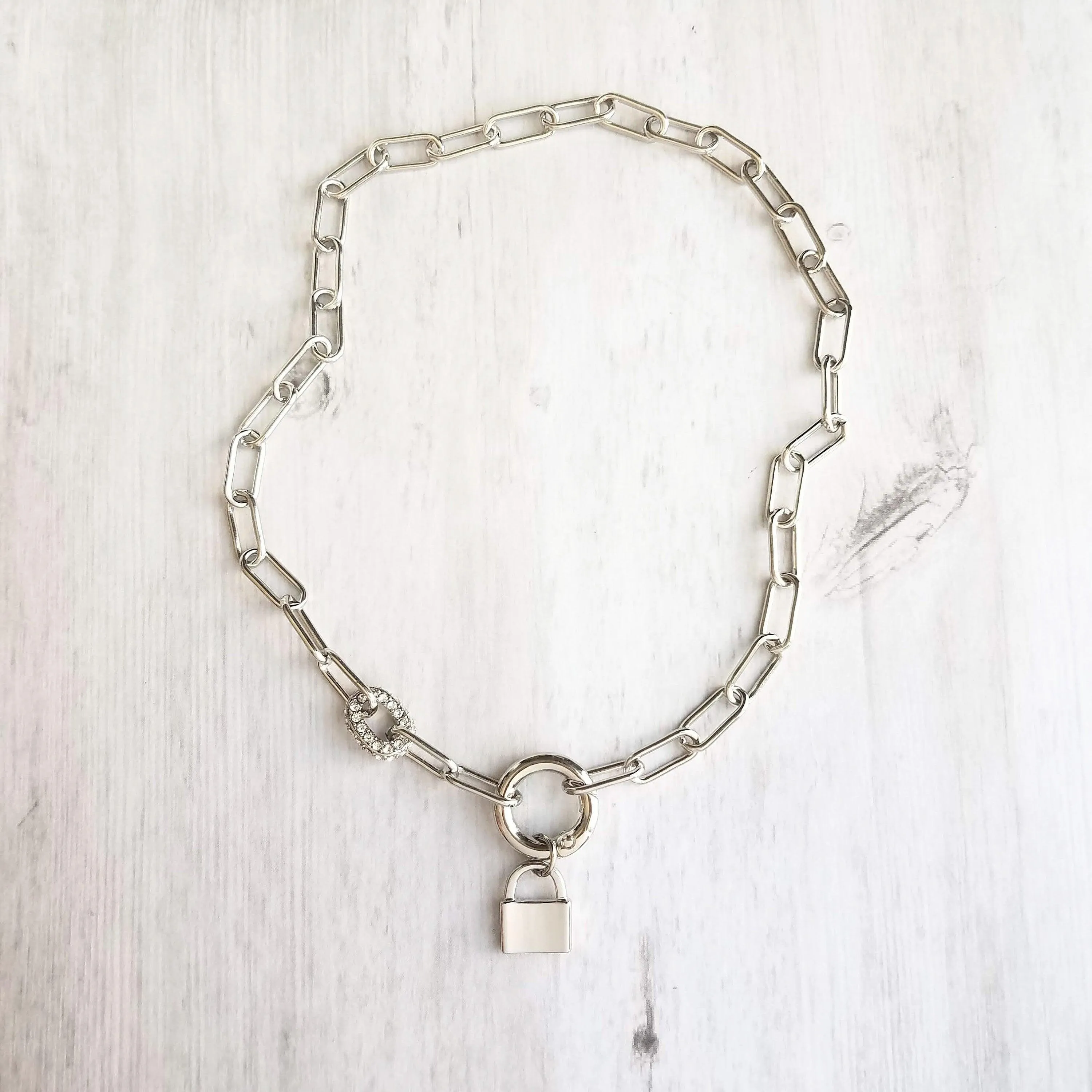 Chunky Paperclip Chain Necklace, silver paperclip necklace, large oval chain, thick crystal link, round front clasp necklace, padlock charm
