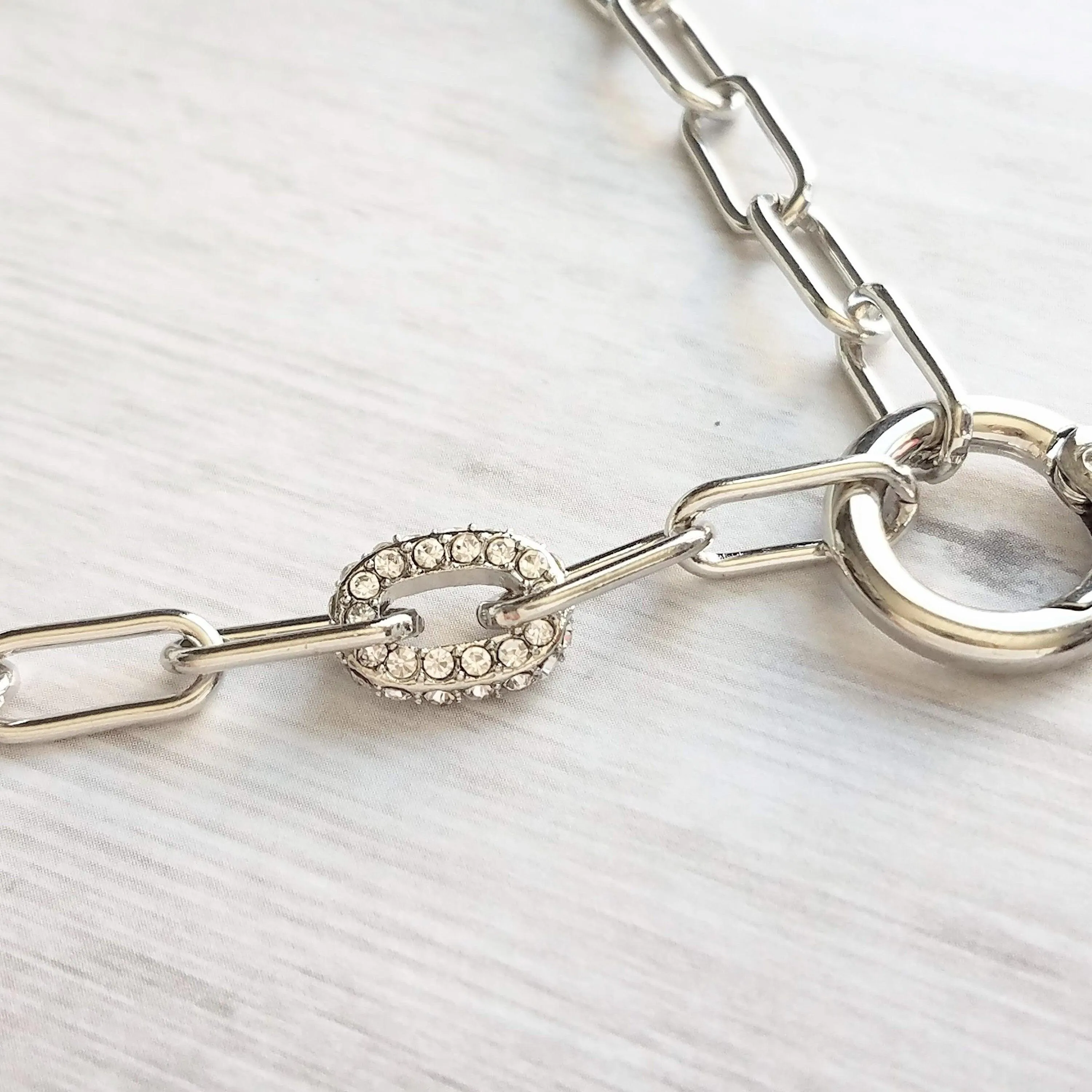 Chunky Paperclip Chain Necklace, silver paperclip necklace, large oval chain, thick crystal link, round front clasp necklace, padlock charm