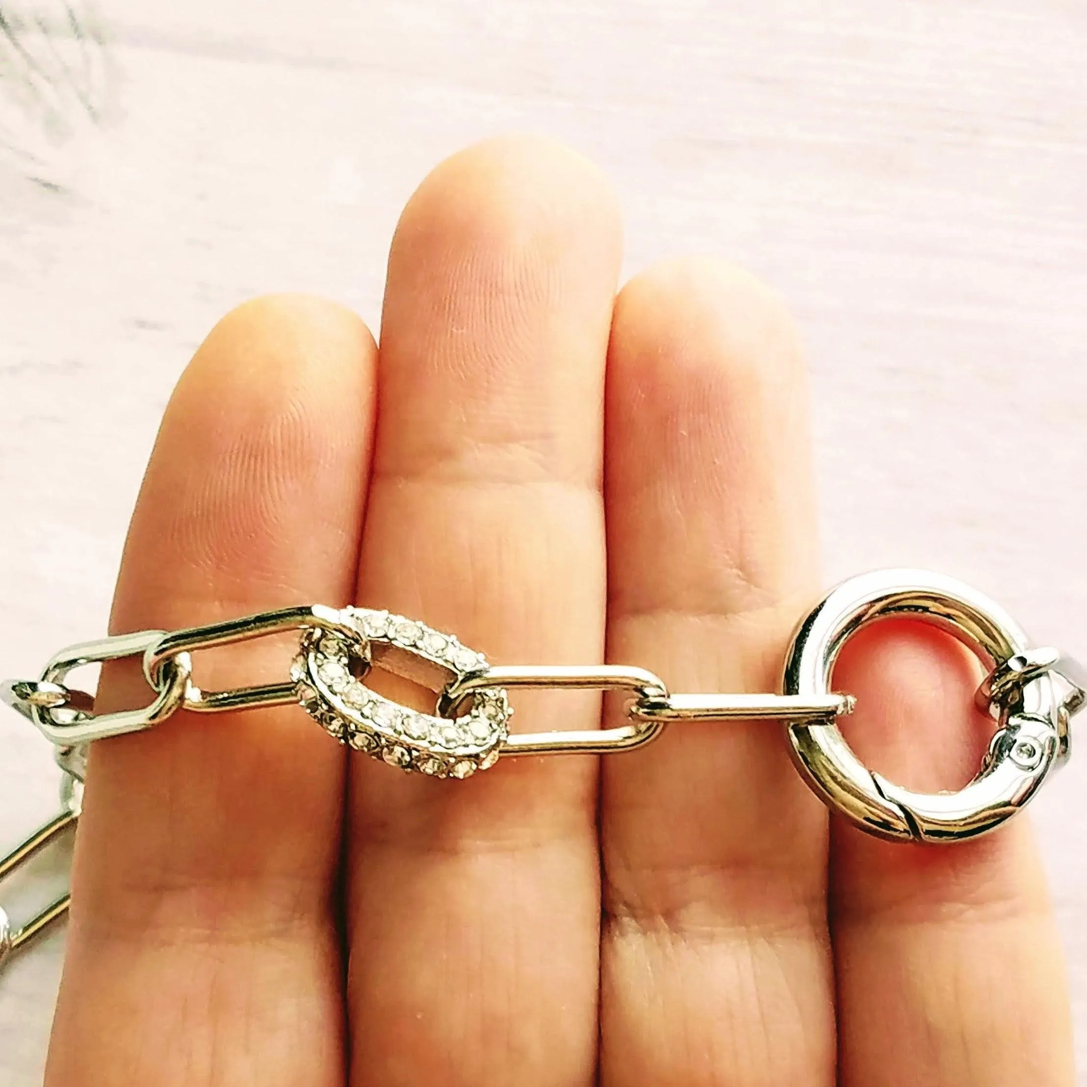 Chunky Paperclip Chain Necklace, silver paperclip necklace, large oval chain, thick crystal link, round front clasp necklace, padlock charm