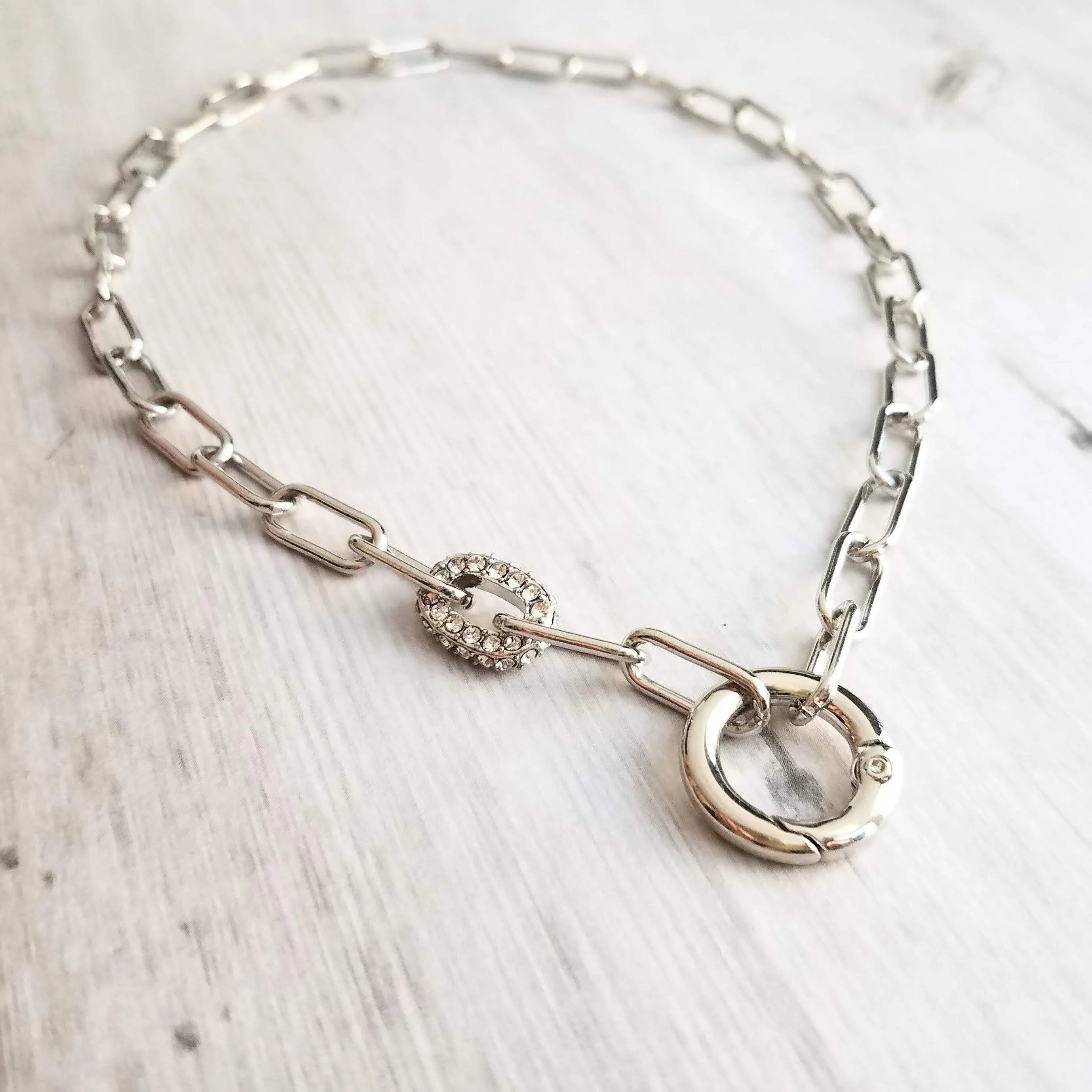 Chunky Paperclip Chain Necklace, silver paperclip necklace, large oval chain, thick crystal link, round front clasp necklace, padlock charm