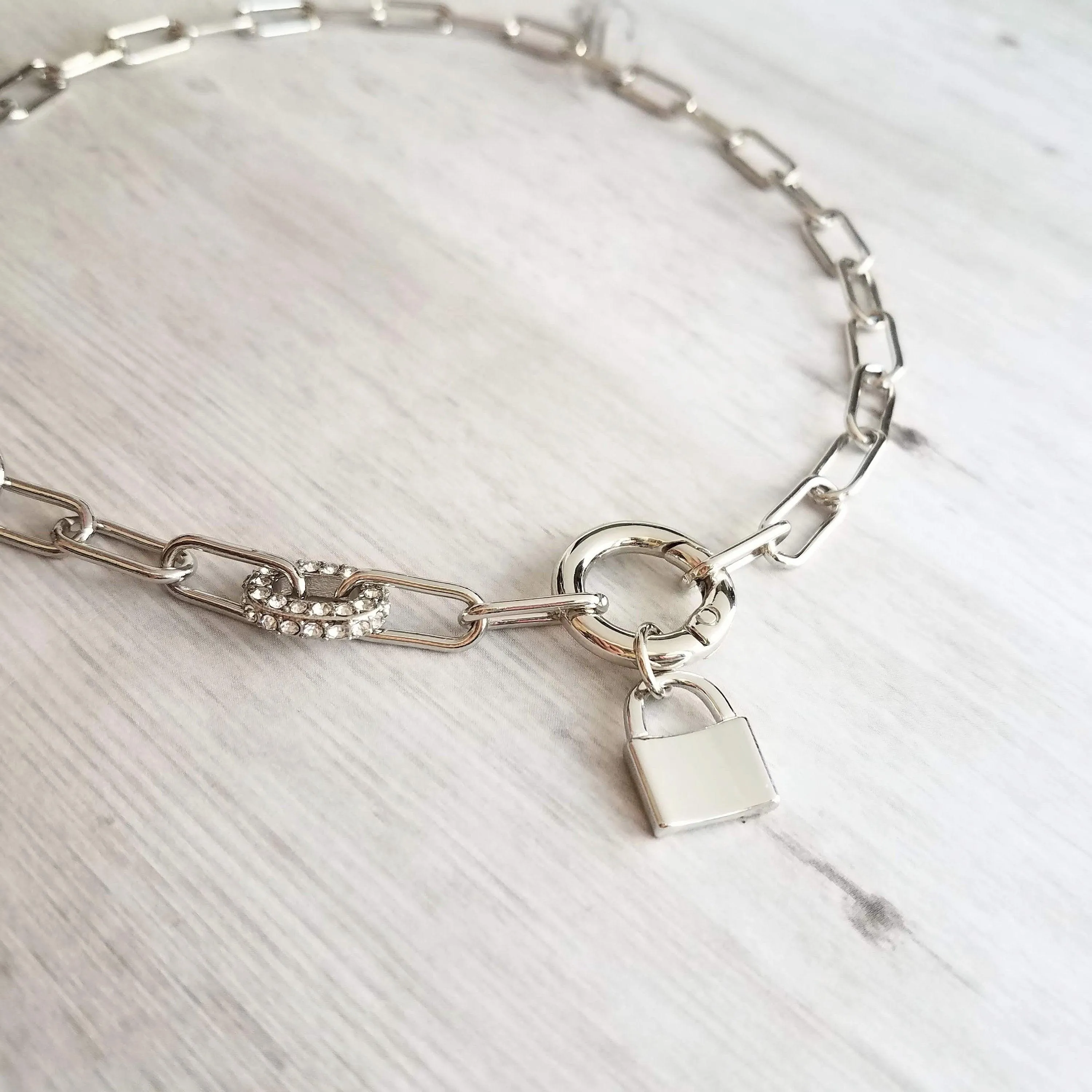 Chunky Paperclip Chain Necklace, silver paperclip necklace, large oval chain, thick crystal link, round front clasp necklace, padlock charm