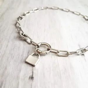 Chunky Paperclip Chain Necklace, silver paperclip necklace, large oval chain, thick crystal link, round front clasp necklace, padlock charm