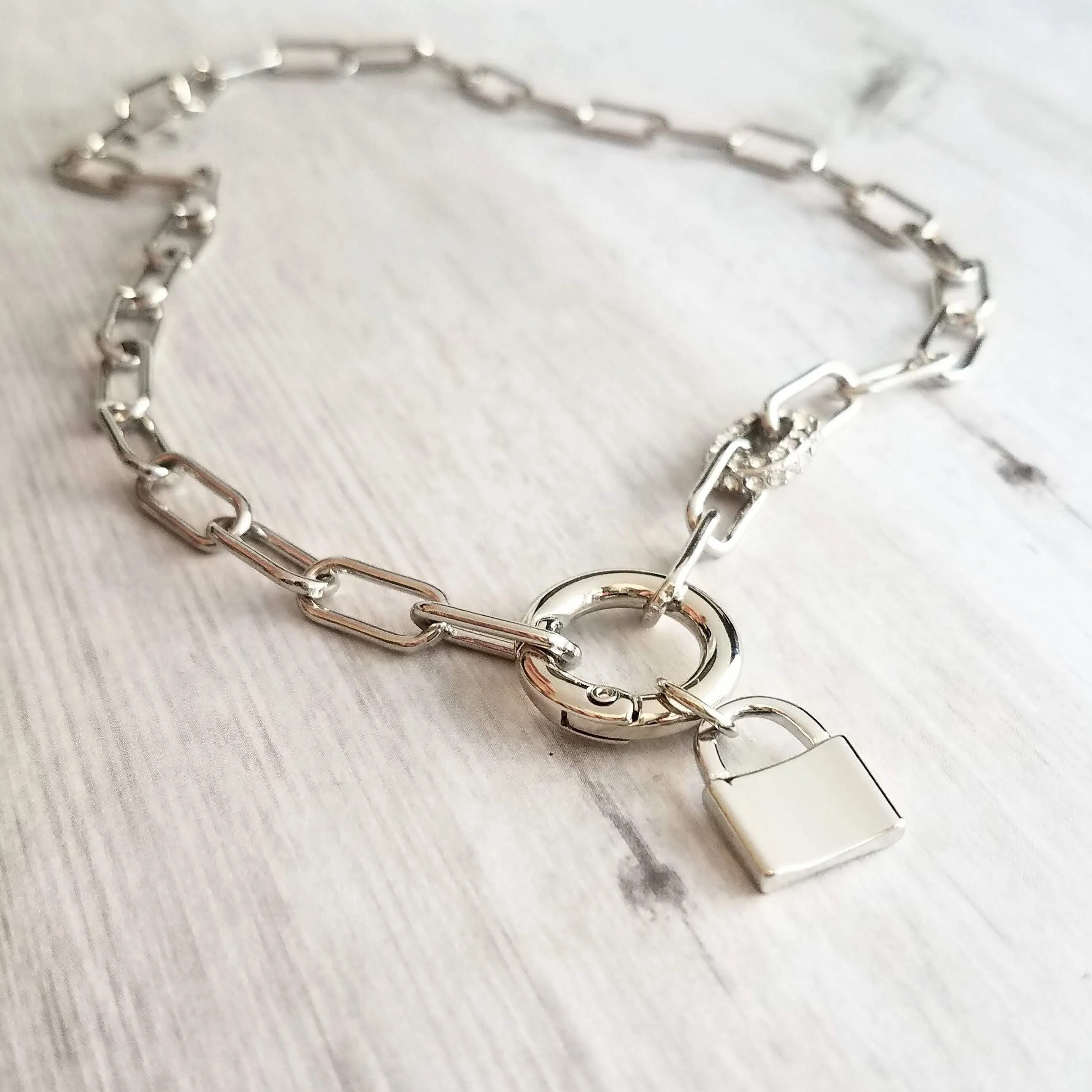 Chunky Paperclip Chain Necklace, silver paperclip necklace, large oval chain, thick crystal link, round front clasp necklace, padlock charm