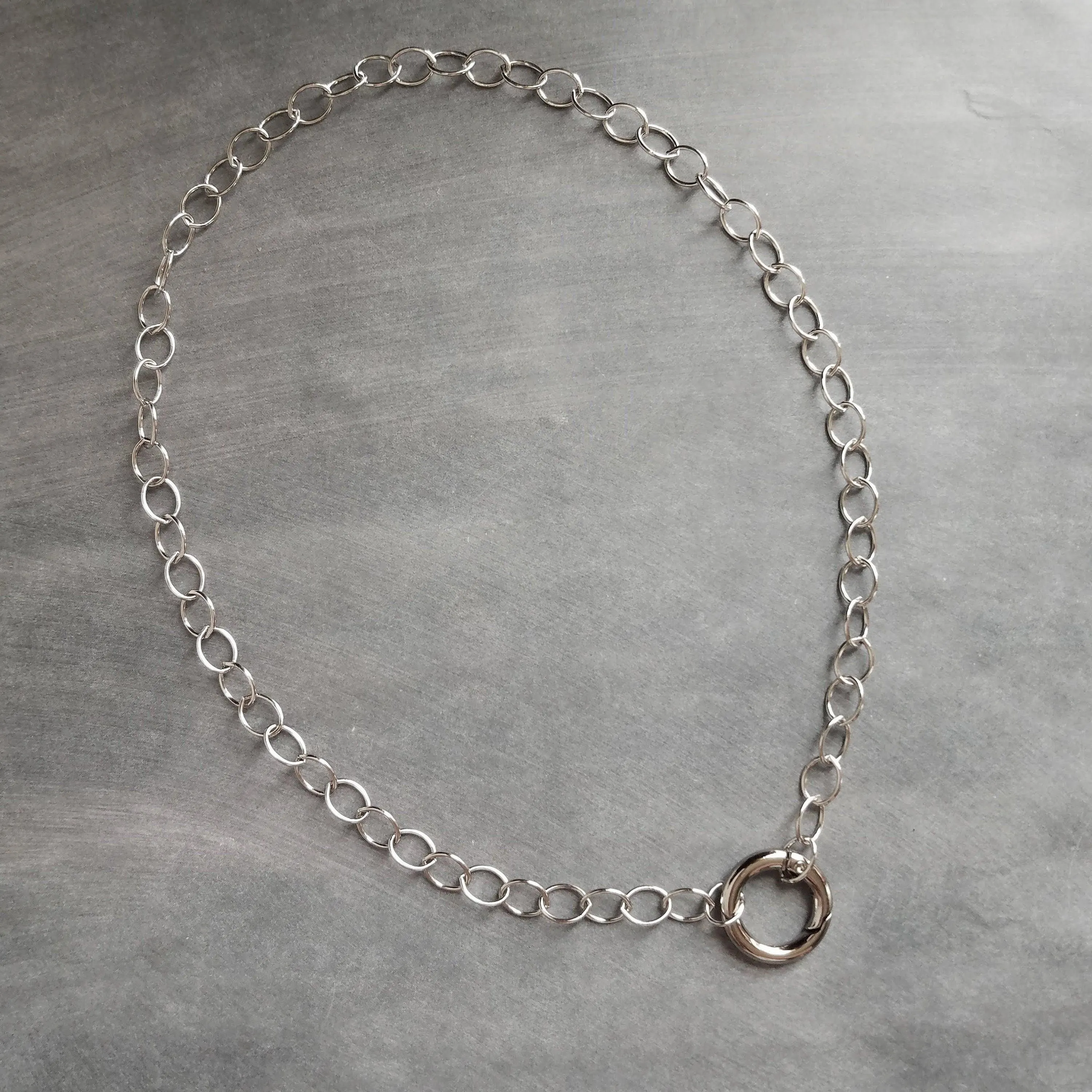 Chunky Silver Chain, front clasp necklace, large round O link chain, round clasp, spring gate clasp chain, thick round clasp, stainless oval