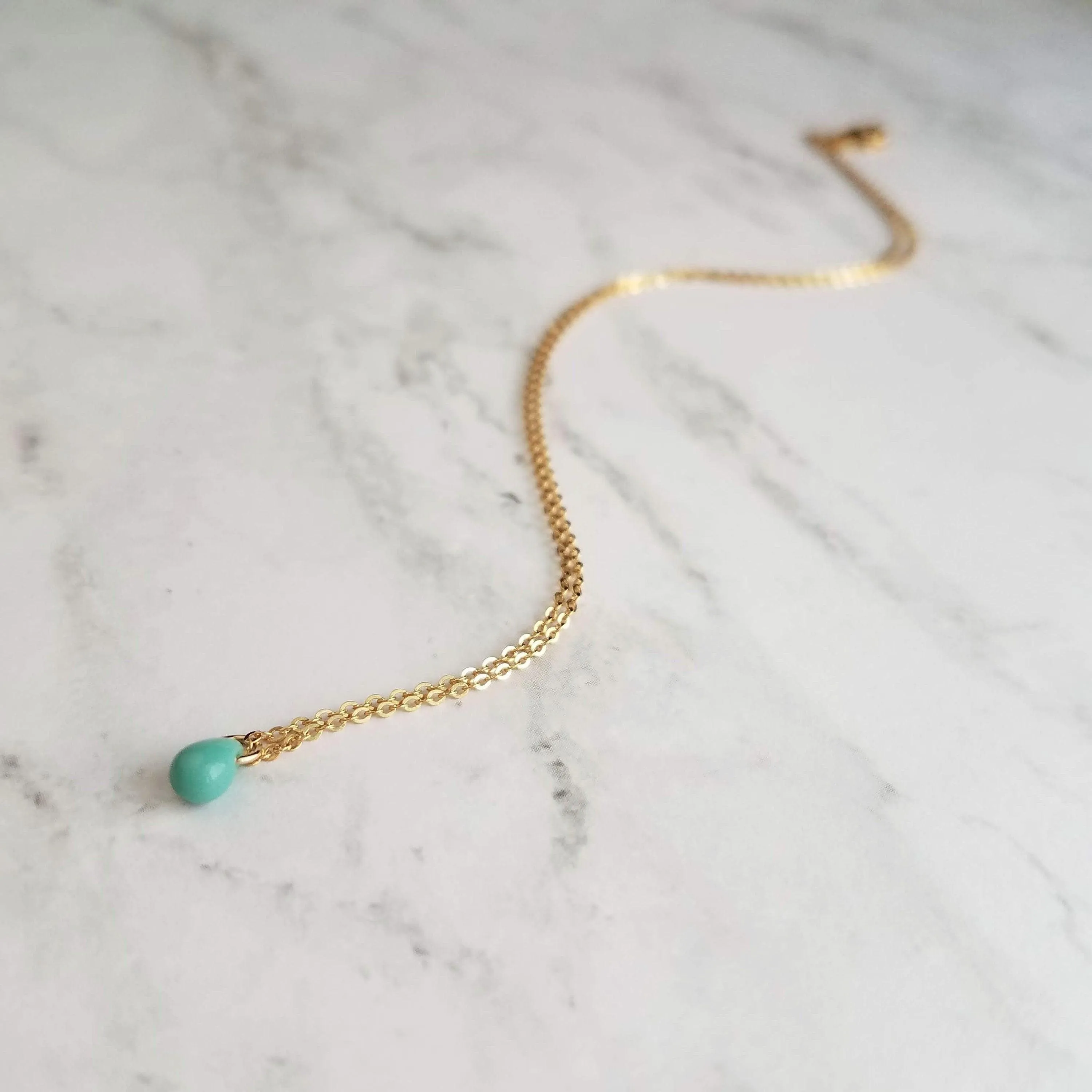 Clear Water Drop Necklace -  very tiny glass pendant, 14K gold fill chain, delicate small little teardrop, bridesmaid gift for her under 40
