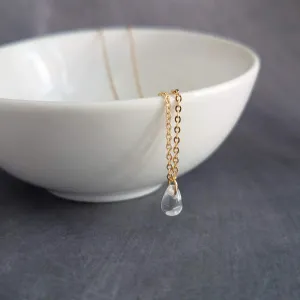 Clear Water Drop Necklace -  very tiny glass pendant, 14K gold fill chain, delicate small little teardrop, bridesmaid gift for her under 40