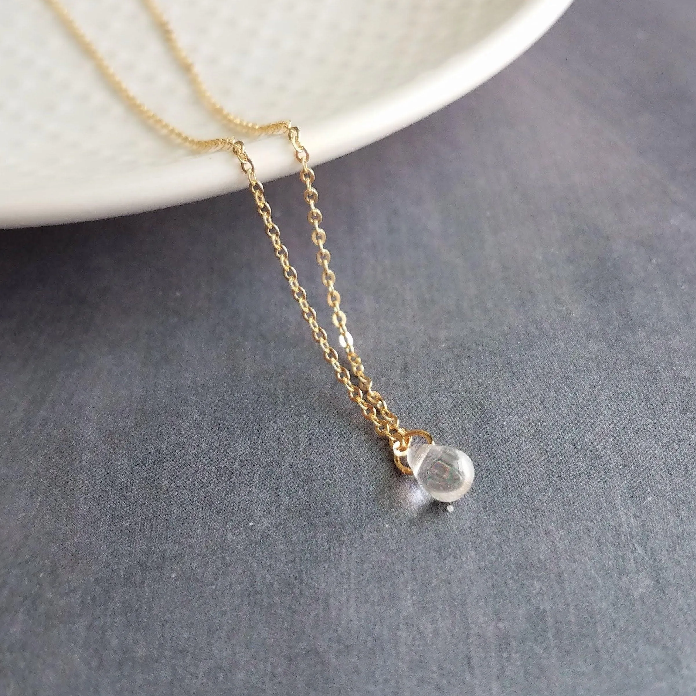 Clear Water Drop Necklace -  very tiny glass pendant, 14K gold fill chain, delicate small little teardrop, bridesmaid gift for her under 40