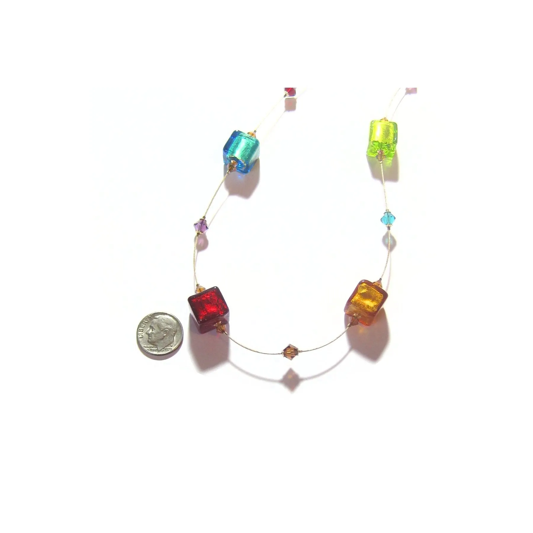 Colorful Cube Murano Glass Gold Necklace - Handmade Statement Jewelry