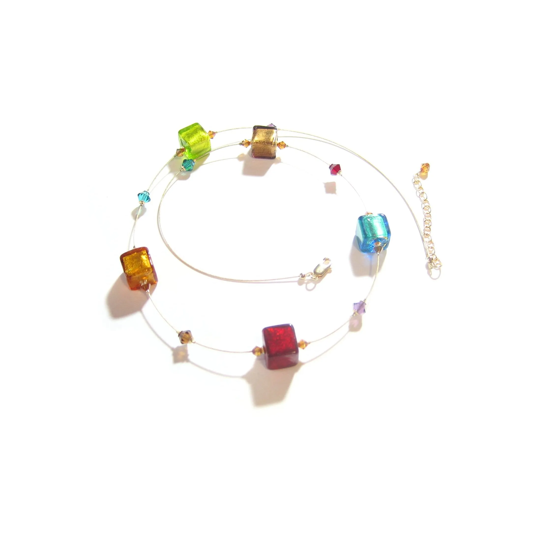 Colorful Cube Murano Glass Gold Necklace - Handmade Statement Jewelry