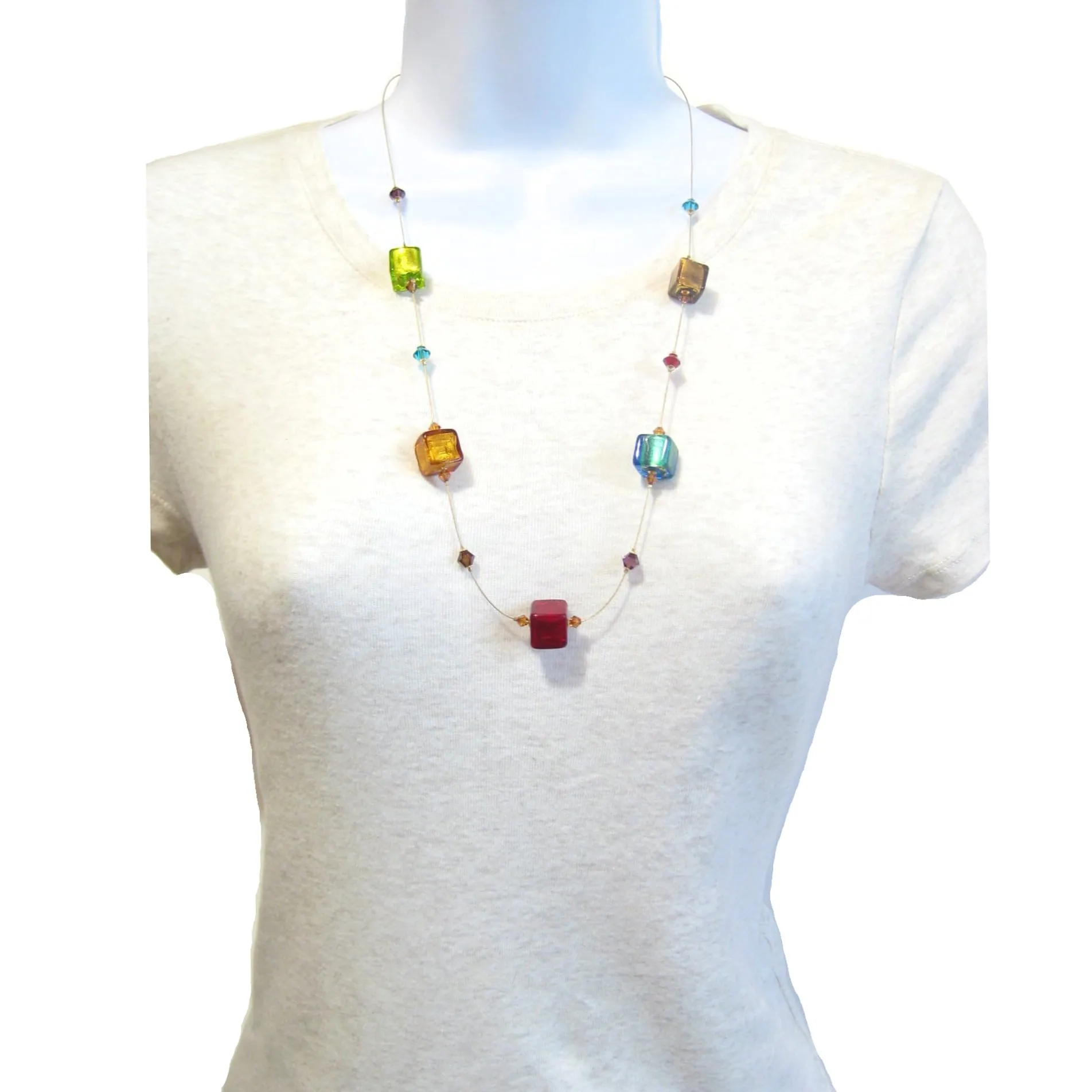 Colorful Cube Murano Glass Gold Necklace - Handmade Statement Jewelry