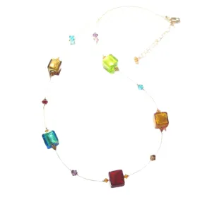Colorful Cube Murano Glass Gold Necklace - Handmade Statement Jewelry