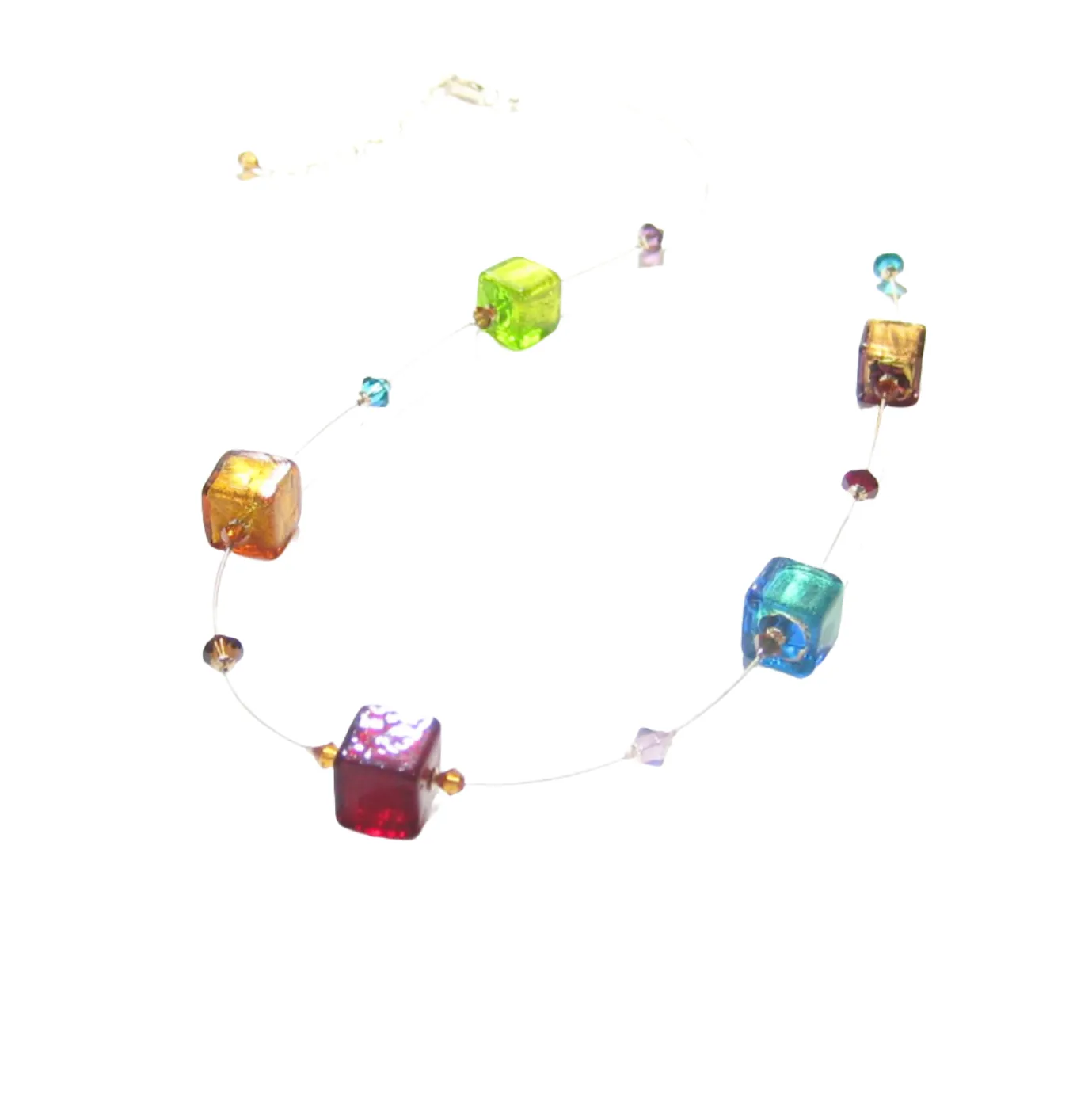 Colorful Cube Murano Glass Gold Necklace - Handmade Statement Jewelry