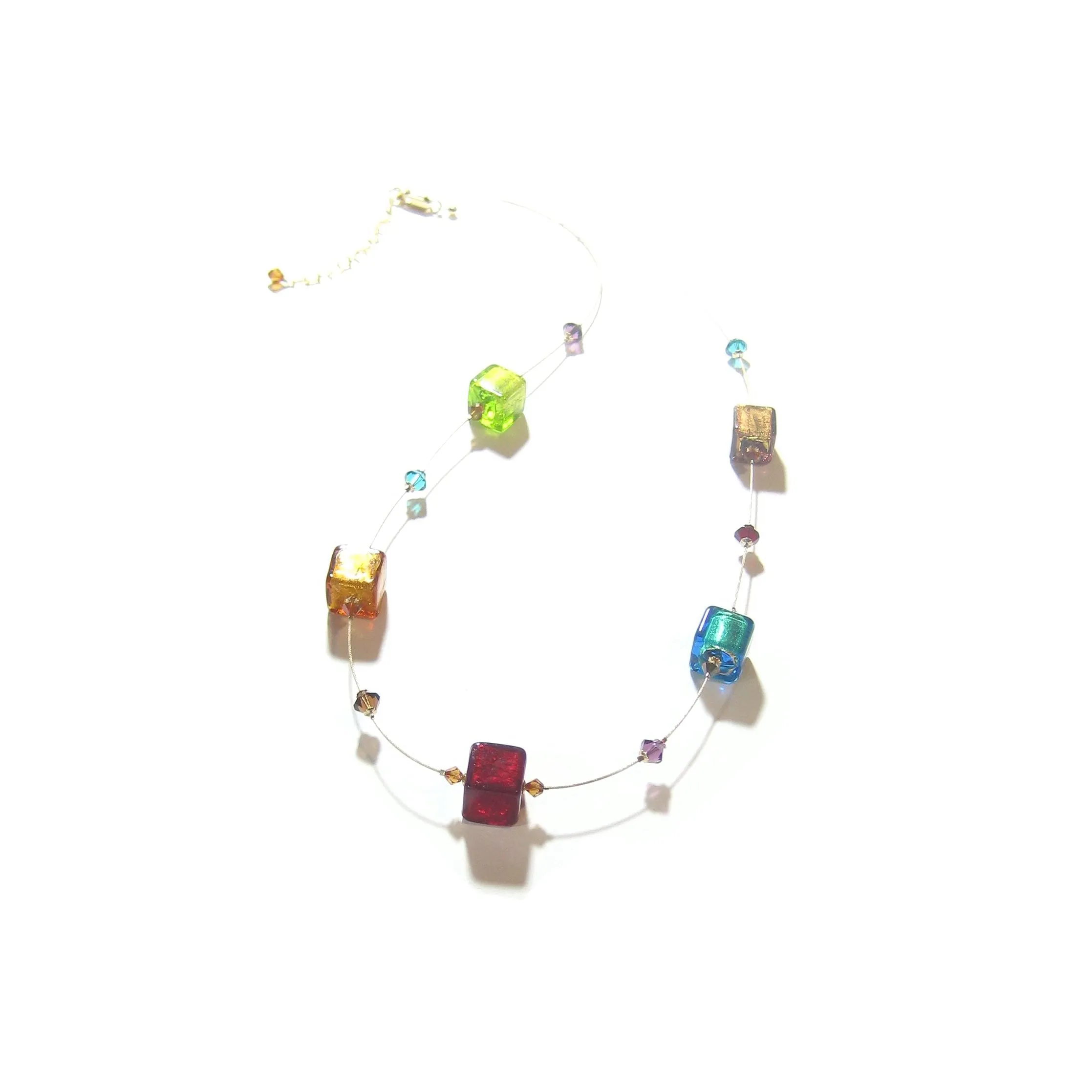 Colorful Cube Murano Glass Gold Necklace - Handmade Statement Jewelry