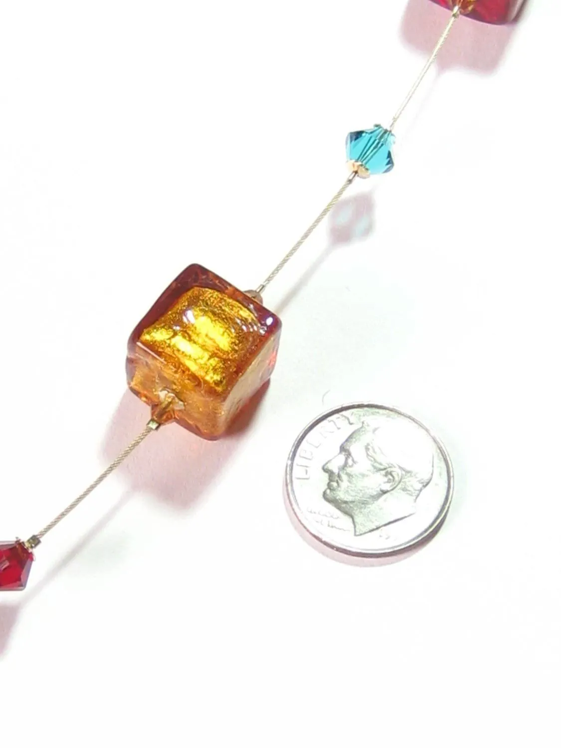 Colorful Cube Murano Glass Gold Necklace - Handmade Statement Jewelry