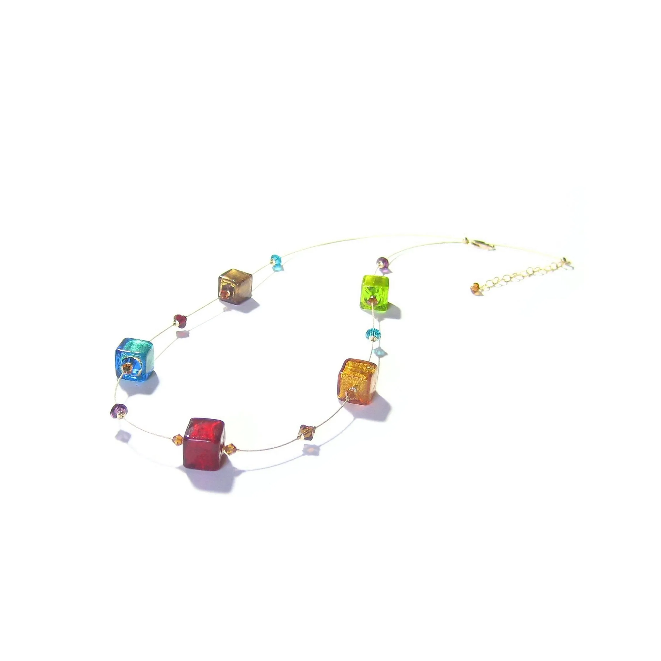 Colorful Cube Murano Glass Gold Necklace - Handmade Statement Jewelry