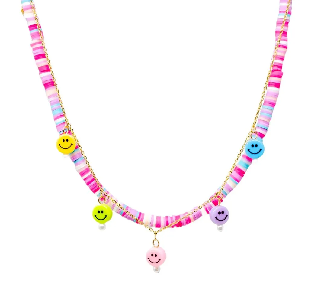Colorful Disk Necklace & Charm Duo - Happy Faces