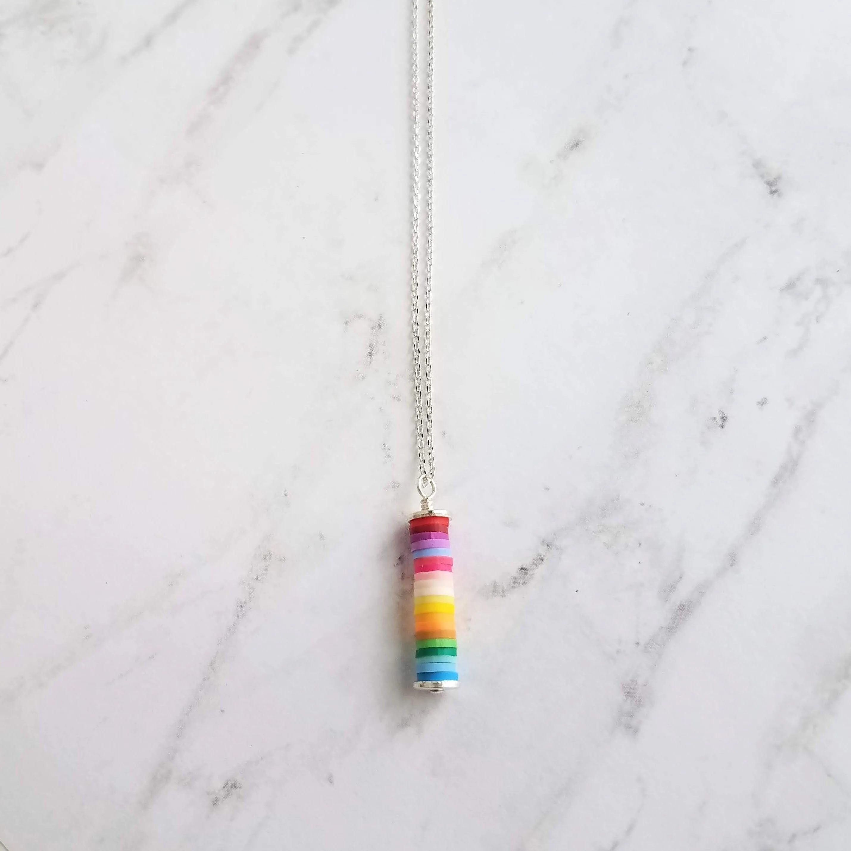 Colorful Necklace, multicolor necklace, ombre necklace, rainbow necklace, rainbow pendant, tube pendant, rainbow tube, cheer up gift, silver