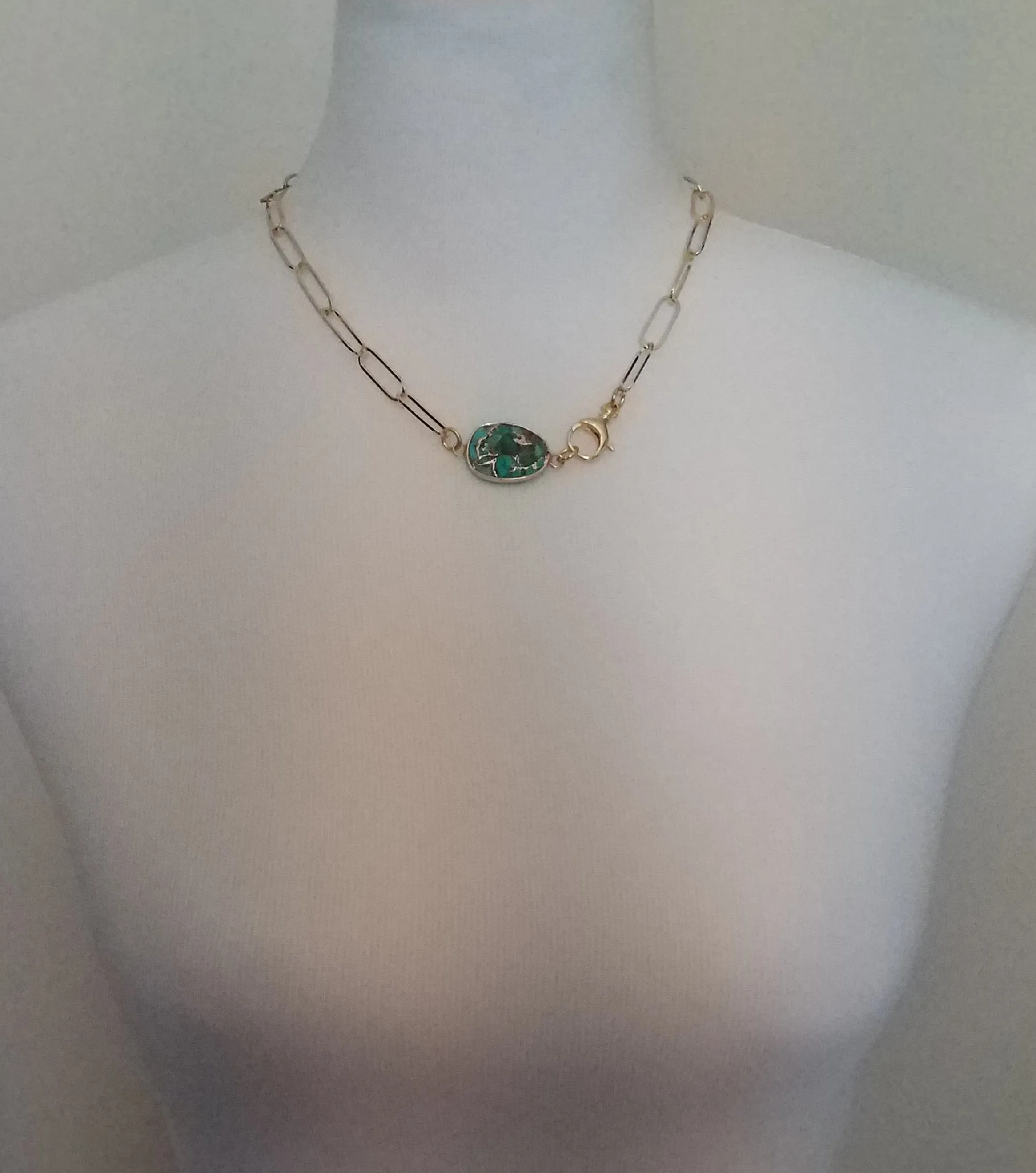 Copper Turquoise Necklace on gold paperclip style chain, front horseshoe shackle screw clasp, facet cut stone pendant, gold brown blue green