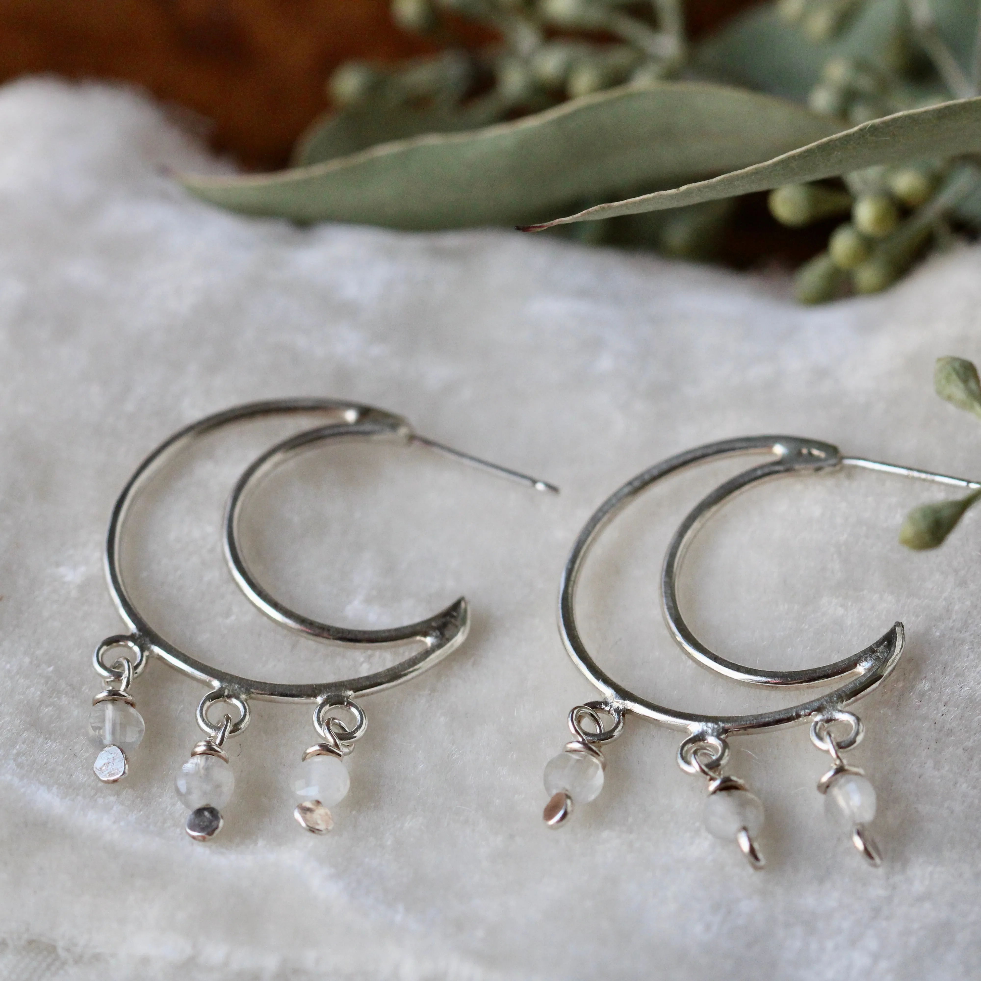 Crescent Moon sterling silver and Moonstone earrings